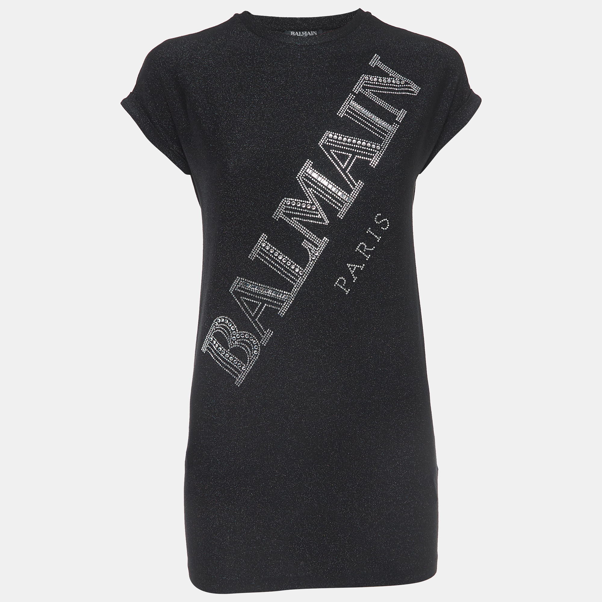 

Balmain Black Glitter Jersey Crystal Embellished Logo T-Shirt Dress