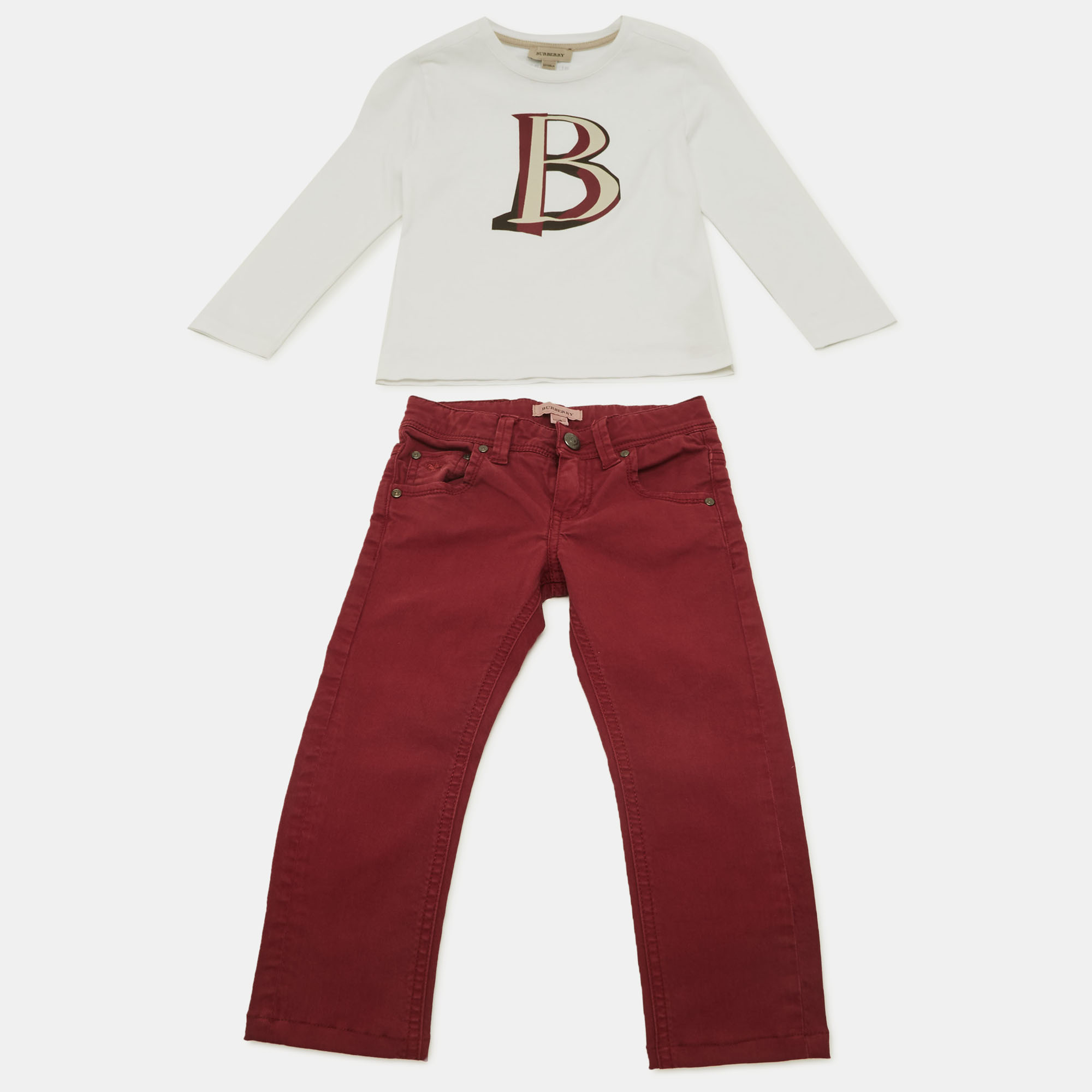 

Burberry Children White / Maroon Cotton T-Shirt & Denim Set 5 Yrs