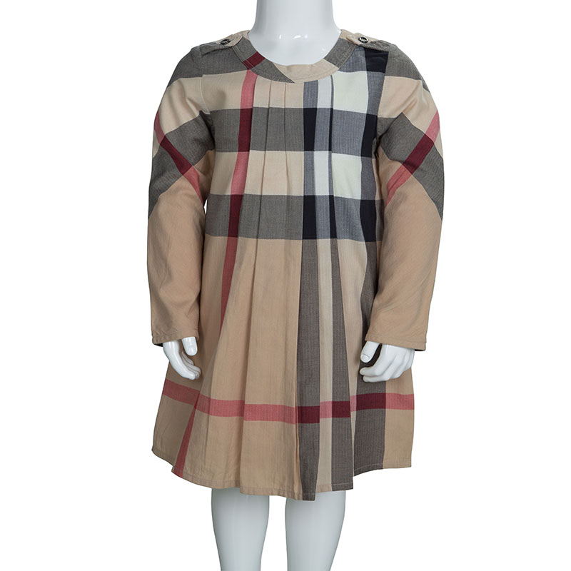 

Burberry Beige Novacheck Pleated Long Sleeve Cotton Dress 4 Yrs