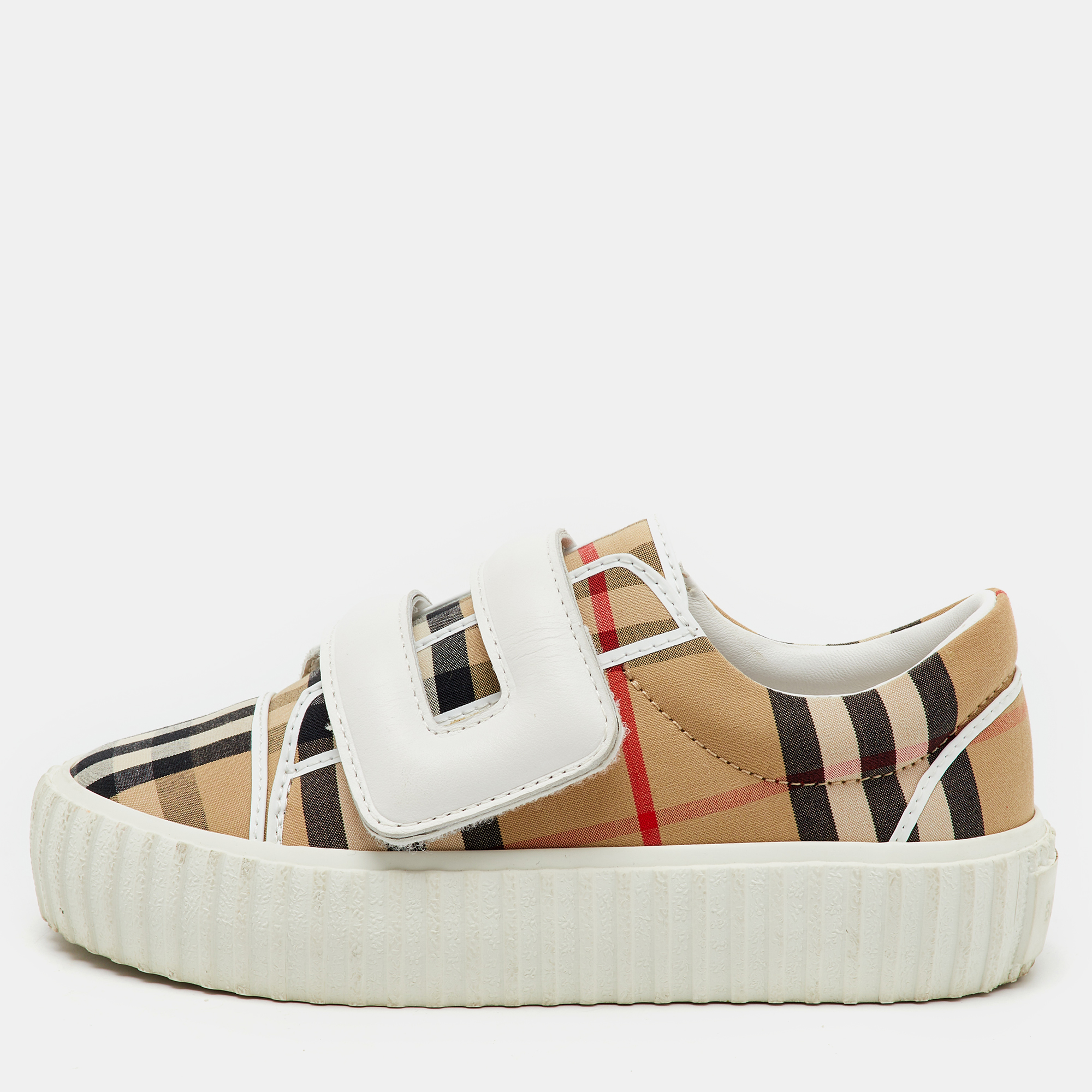 Burberry Beige/White Neutral Mark Check Fabric and Leather Velcro Sneakers Size 29