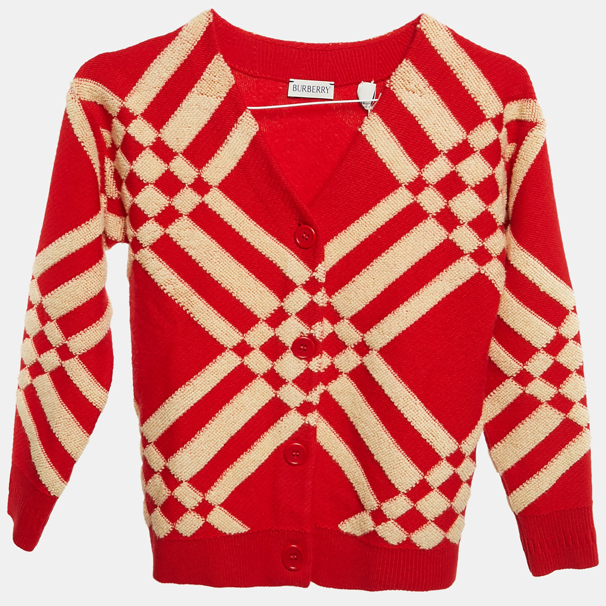 

Burberry Kids Red Maddy Checks Wool Blend Cardigan 8 Yrs