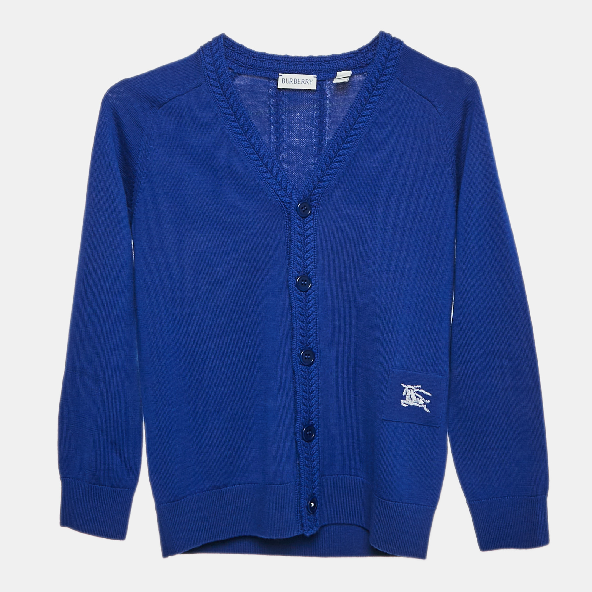 

Burberry Kids Blue Gingham Cable Wool Cardigan