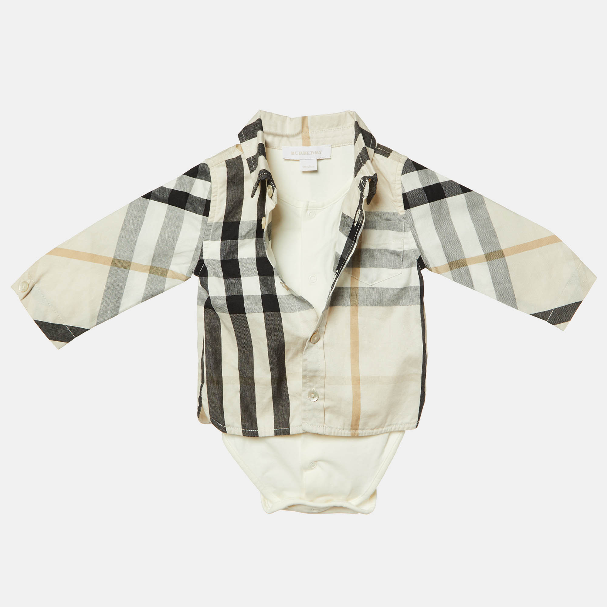 

Burberry Kids Cream Nova Check Cotton Unisex Shirt Bodysuit 3M