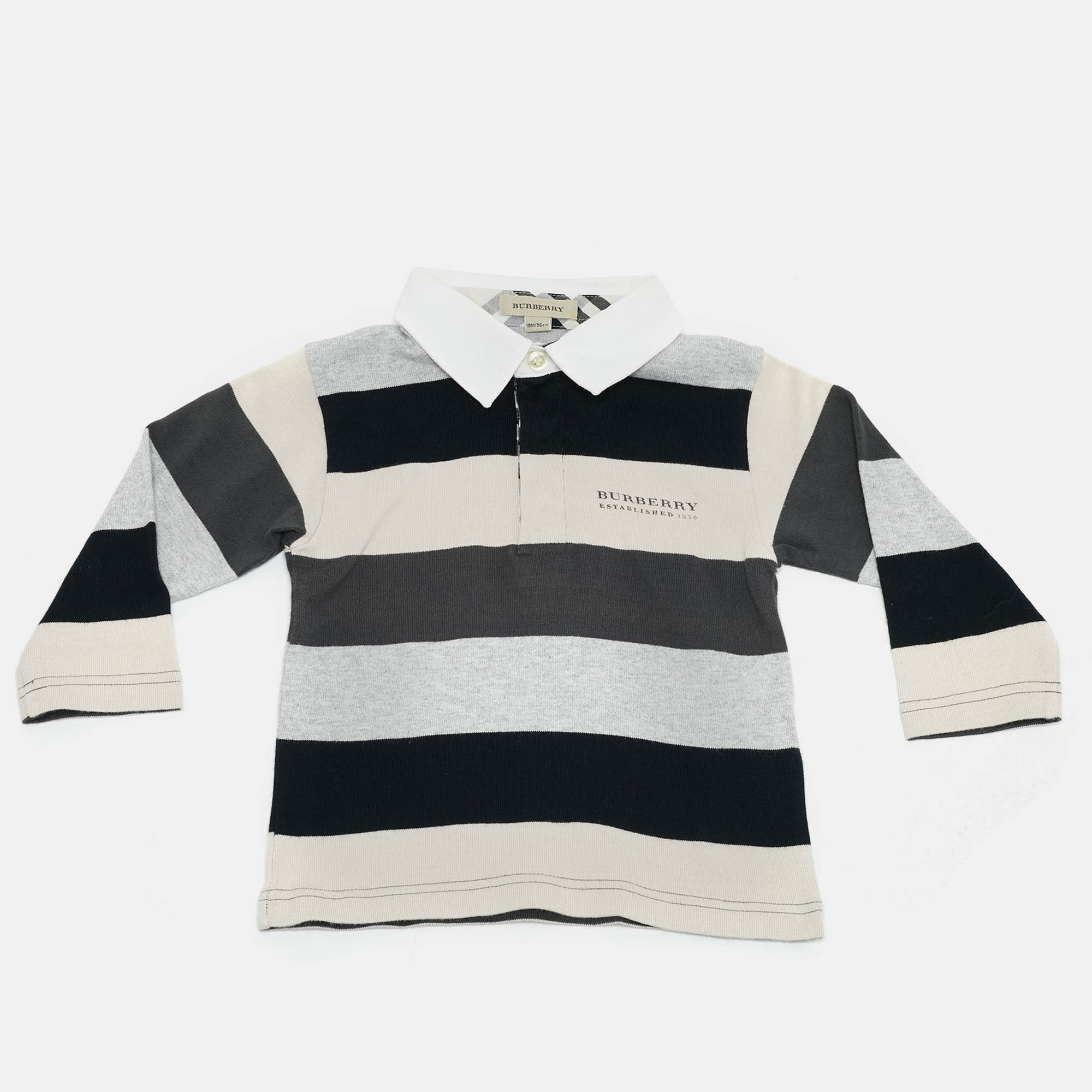 

Burberry Kids Beige/Blue Striped Jersey Long Sleeve Polo T-Shirt 18M