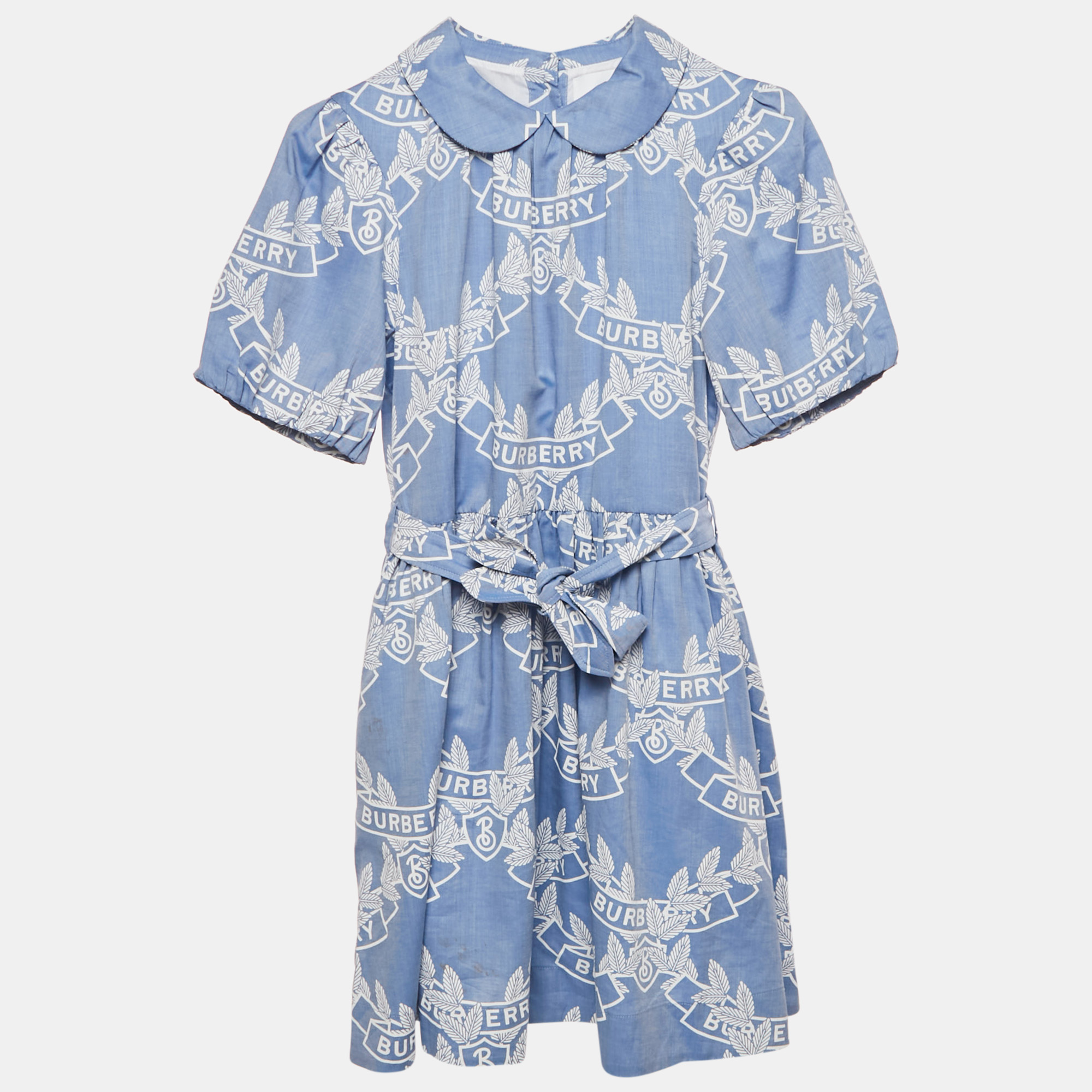 

Burberry Kids Blue Printed Cotton Belted Dress 12 Yrs