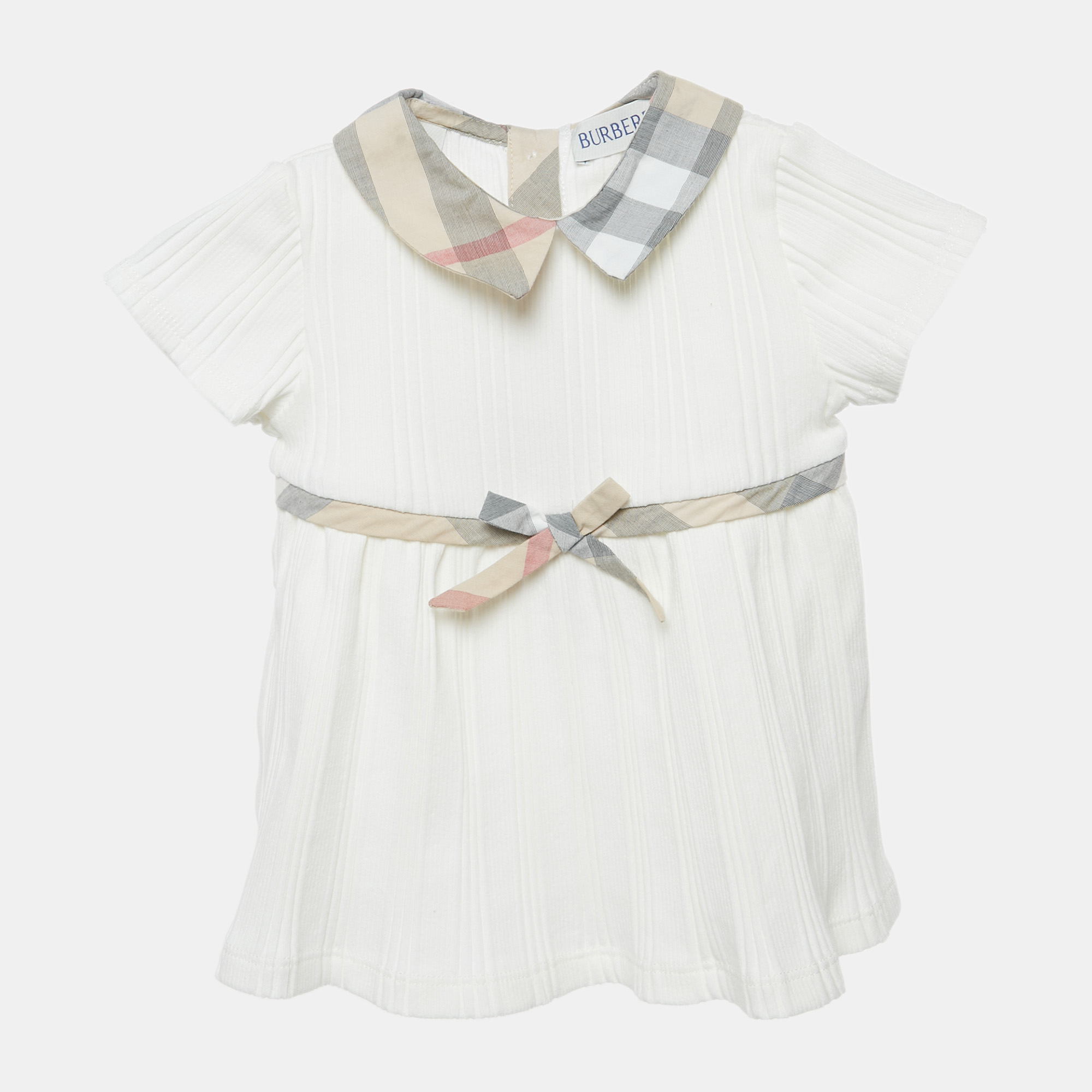 Pre-owned Burberry Kids White Checks Stretch Cotton Dress Set 1m