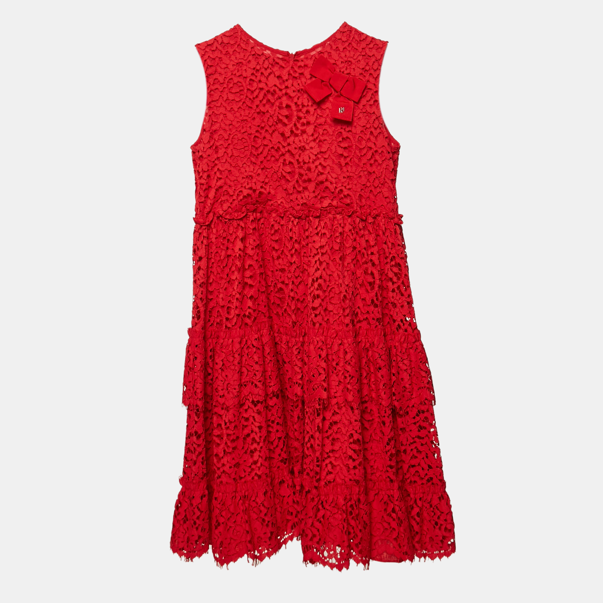 

CH Carolina Herrera Red Lace Bow Detail Tiered Dress