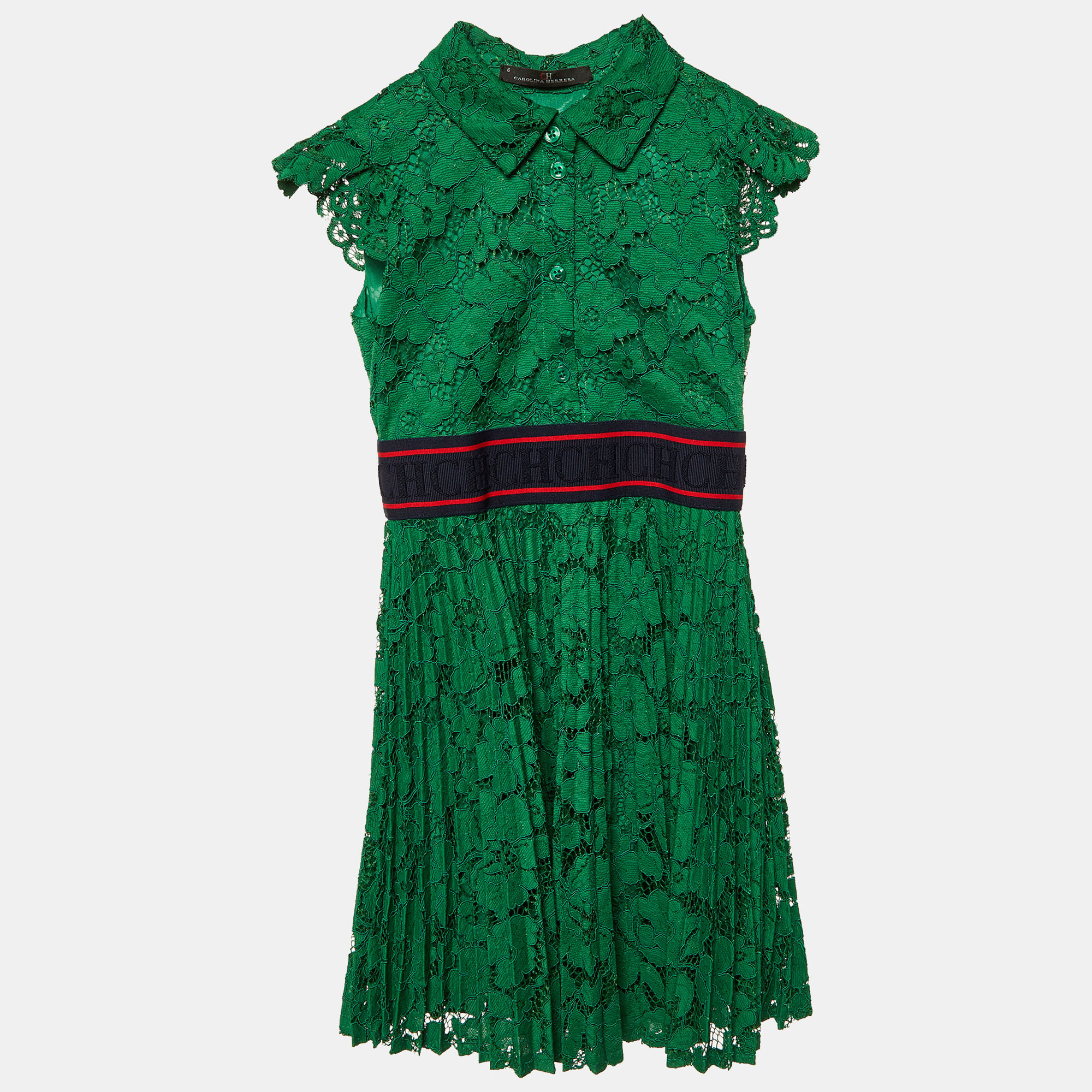 Pre-owned Ch Carolina Herrera Kids Green Lace Pleated Dress Size 6 Yrs