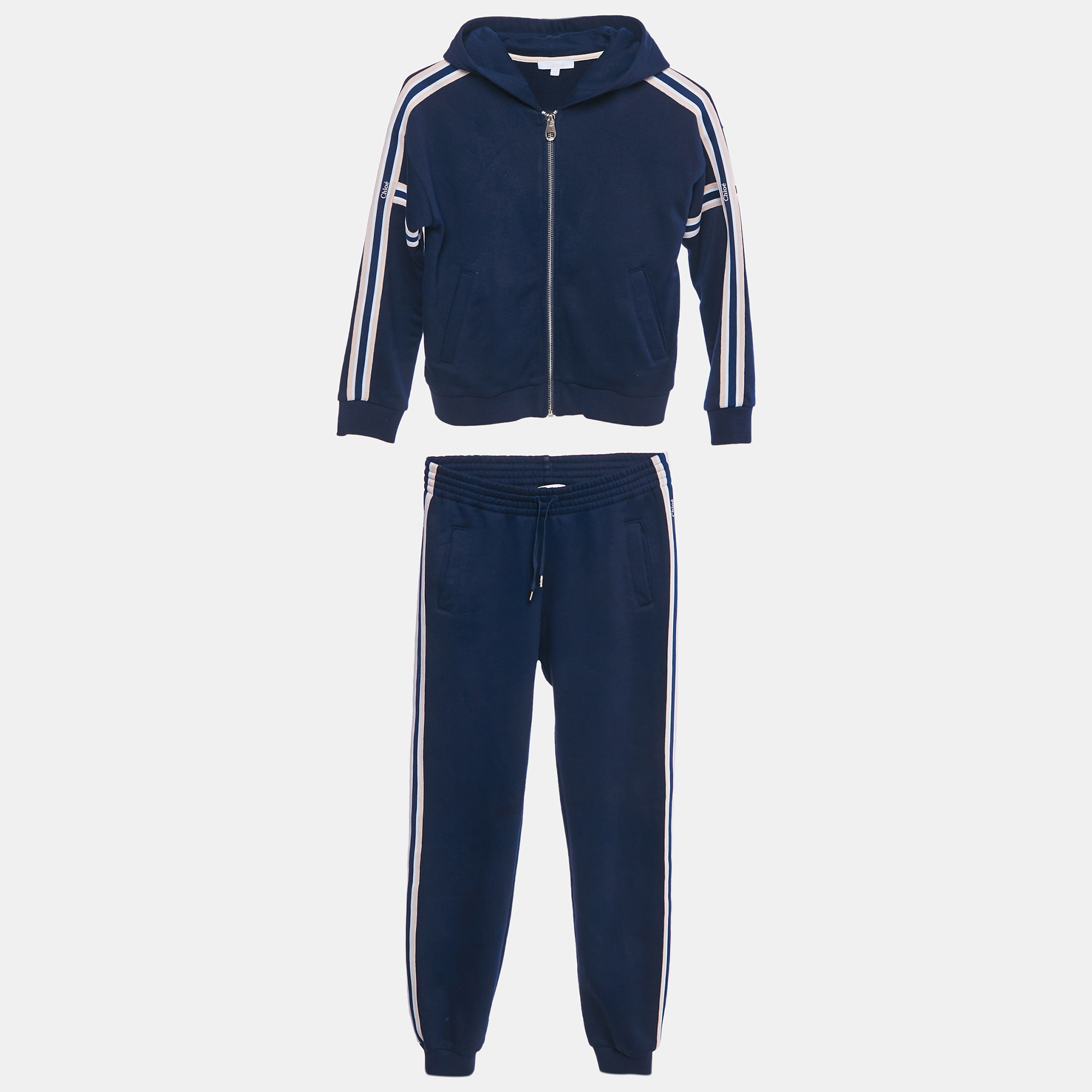 Pre-owned Chloé Kids Navy Blue Cotton Blend Logo Band Sweatshirt & Jogger Set 10/12yrs