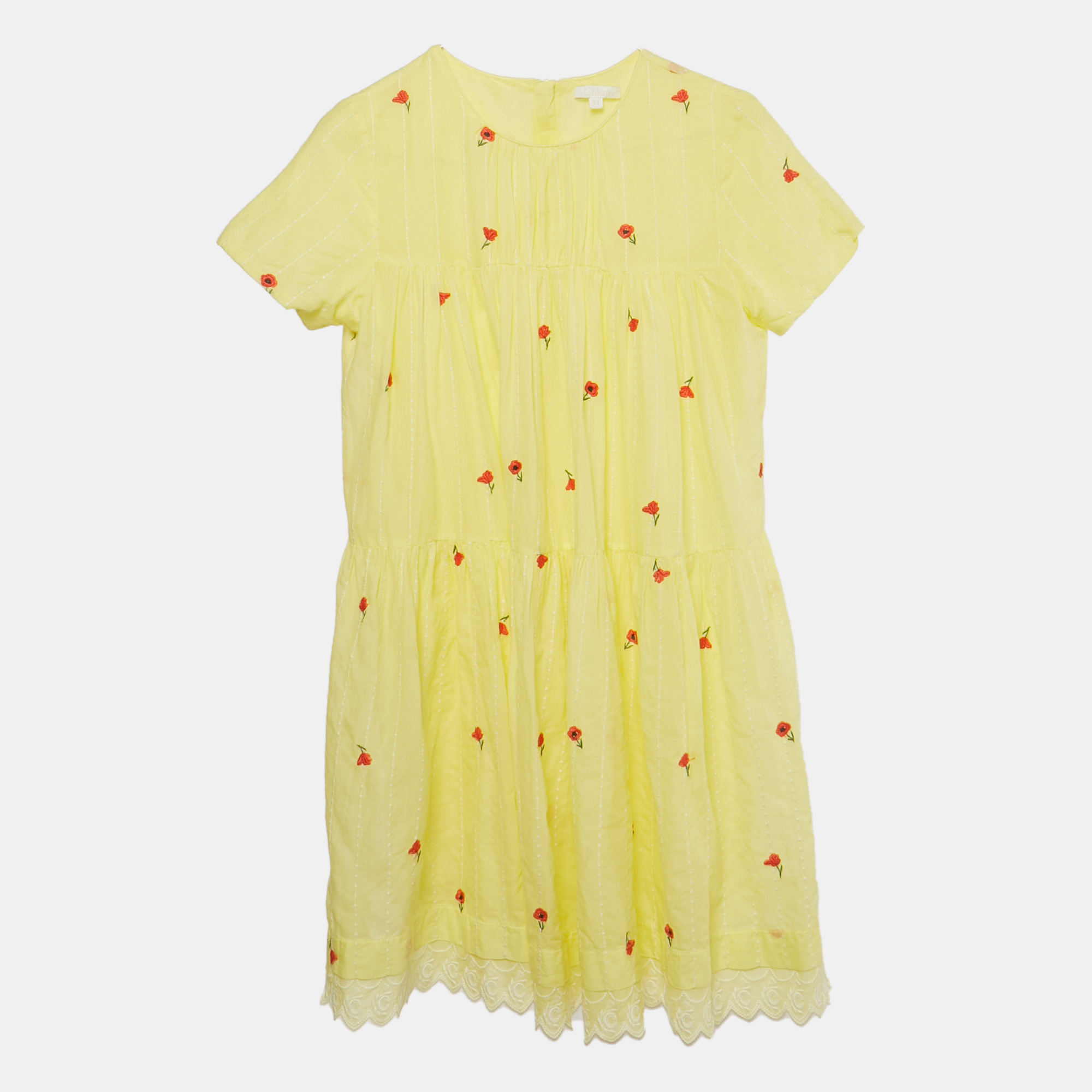 Pre-owned Chloé Kids Yellow Floral Embroidered Cotton Dress 14 Yrs