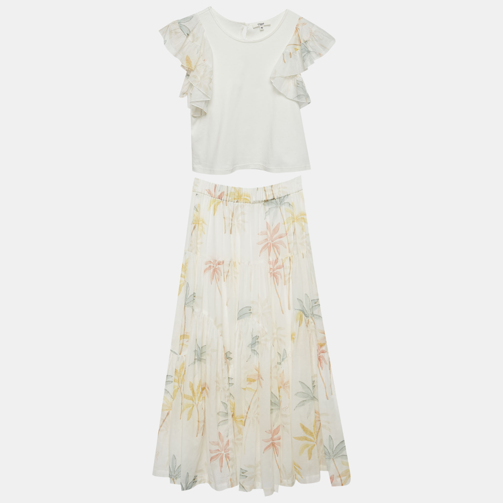 

Chloé Kids White Palm Tree Print Cotton Ruffle Top & Skirt Set 10Yrs