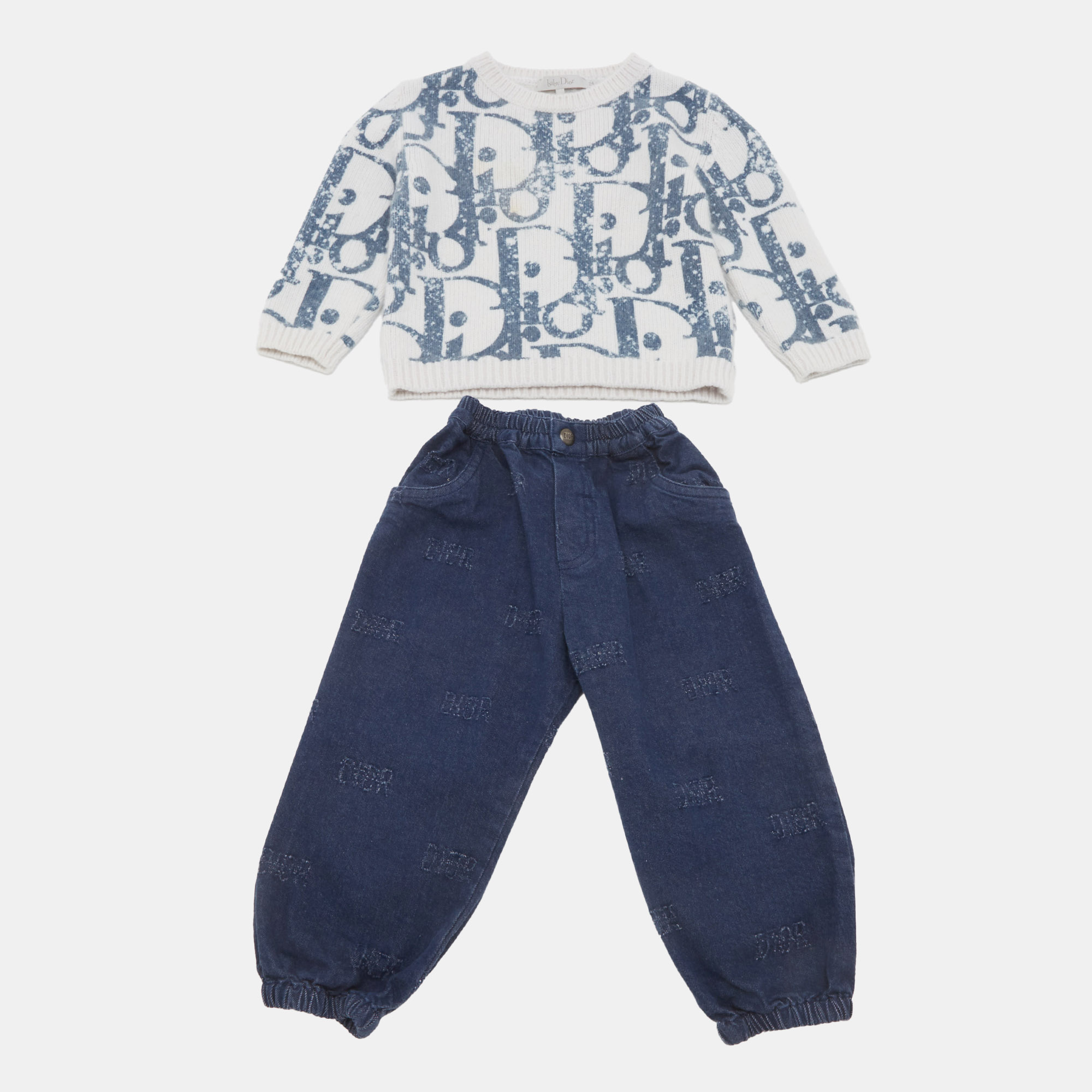 

Baby Dior White/Blue Dior Oblique Pattern Sweater and Pants Set 24M