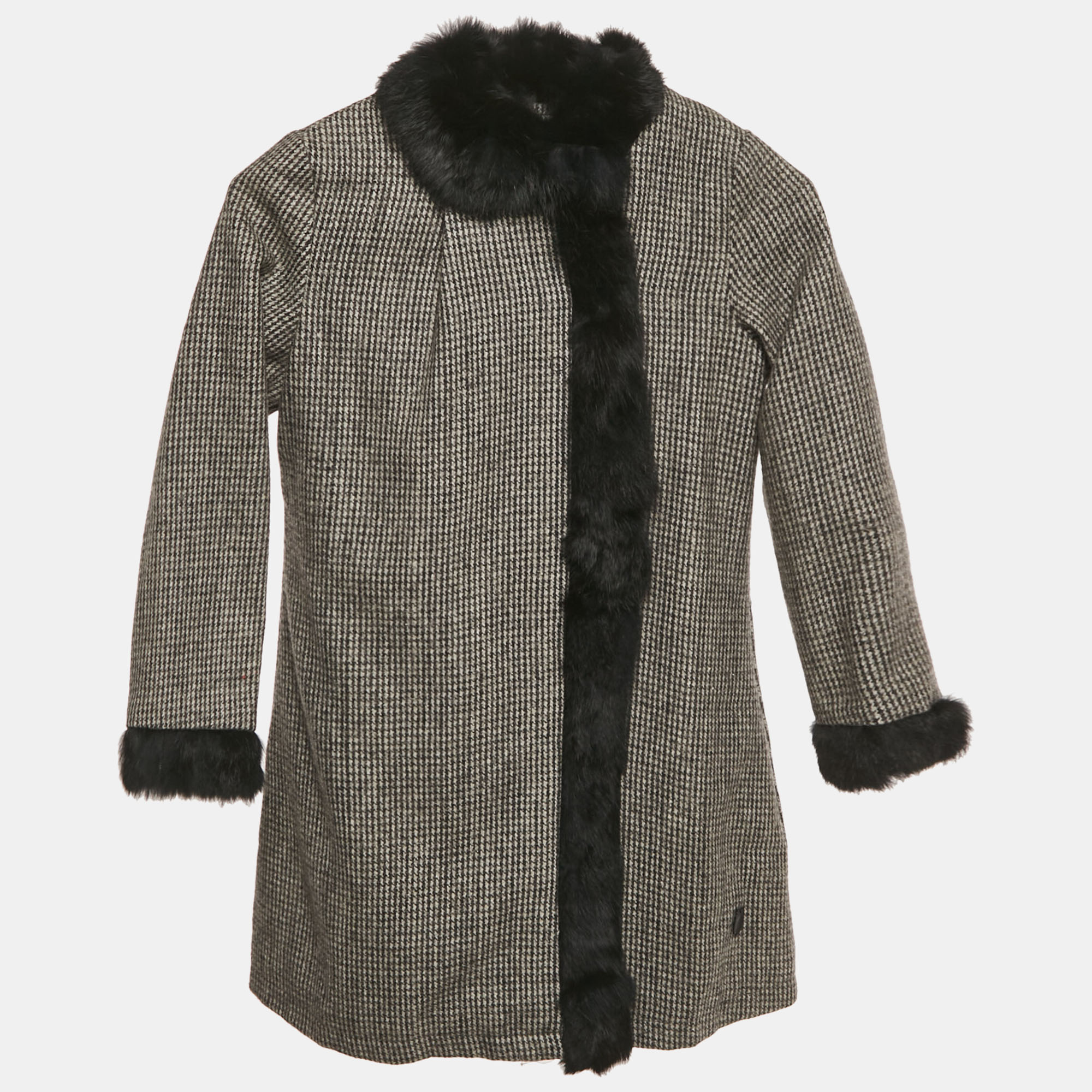 Pre-owned Dior Christian  Kids Black Houndstooth Real Fur Trim Jacket 8yrs In Gray