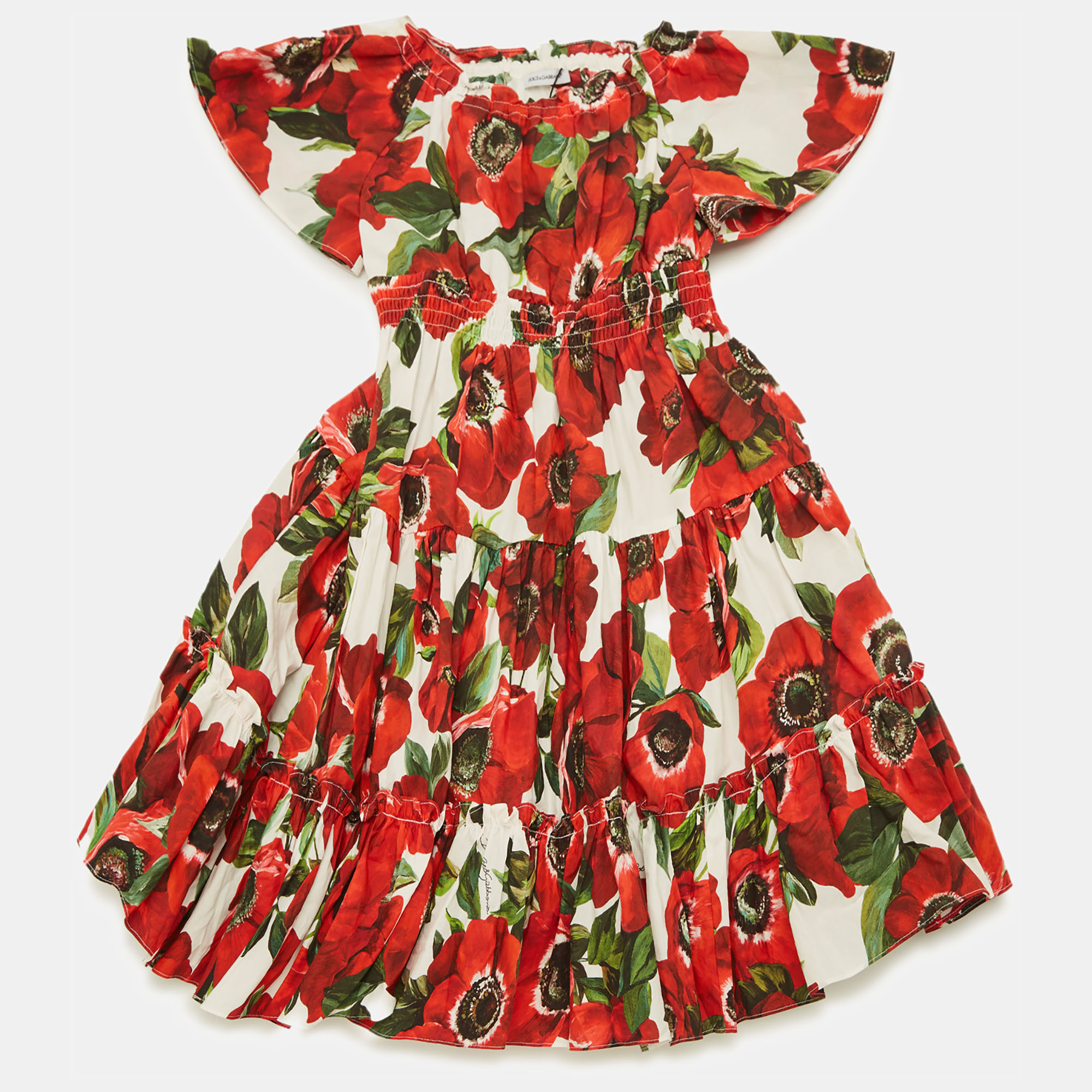 Pre-owned Dolce & Gabbana Kids Red Floral Print Poplin Tiered Dress 24-30m