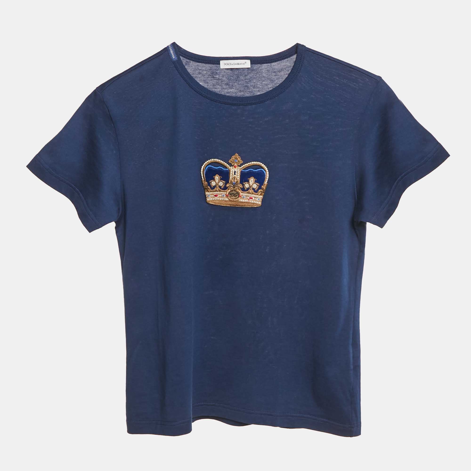 Dolce & Gabbana Blue Kings Crown Applique Cotton T-Shirt 7/8 Yrs