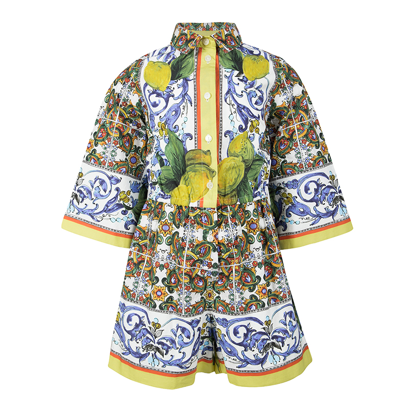 Dolce and Gabbana Multicolor Majolica and Lemon Print Cotton Playsuit 6 Yrs
