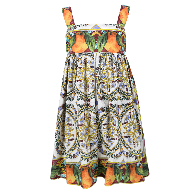 Dolce and Gabbana Multicolor Majolica and Orange Print Cotton Dress 5 Yrs