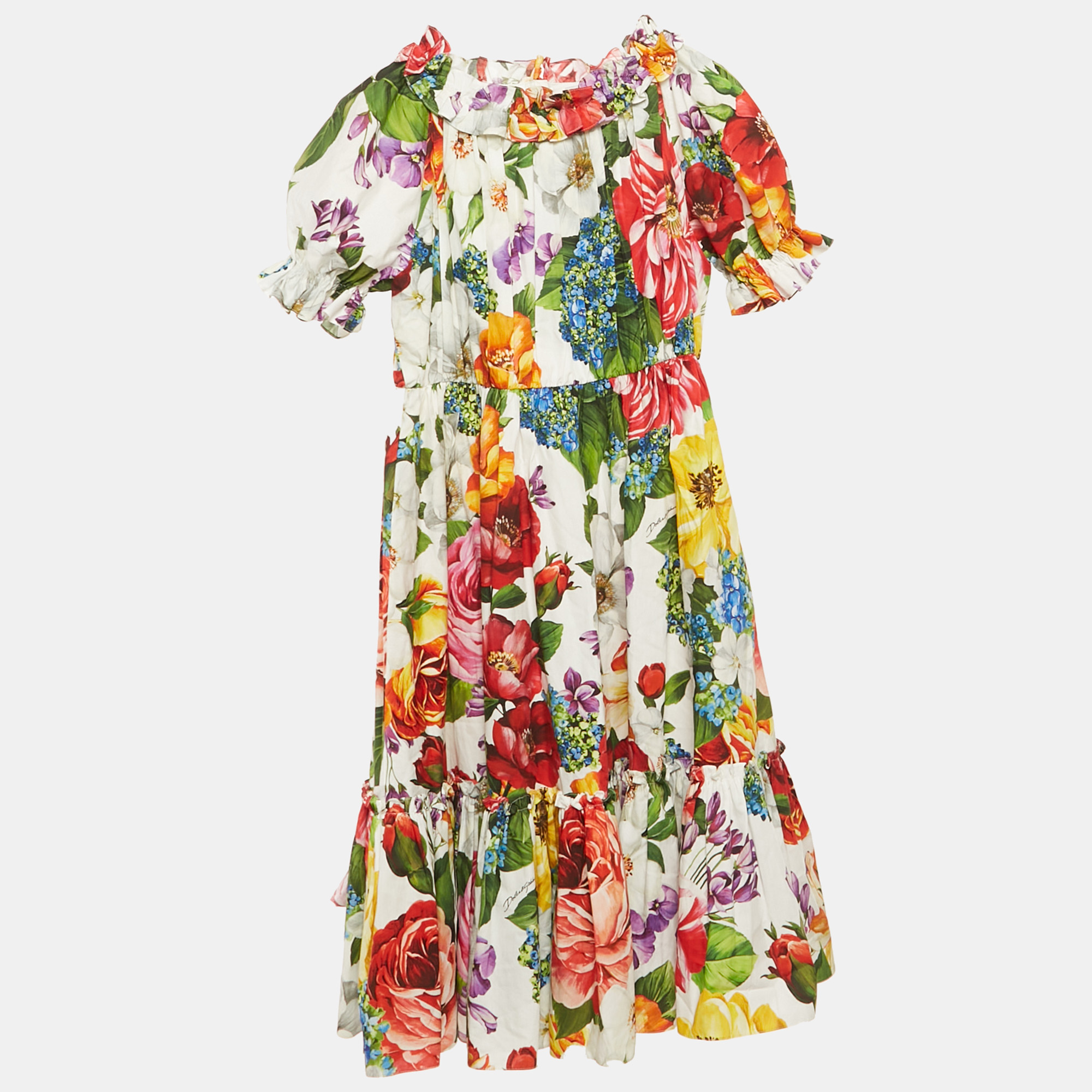 

Dolce & Gabbana Kids Multicolor Floral Print Cotton Tiered Dress 11/12 Yrs