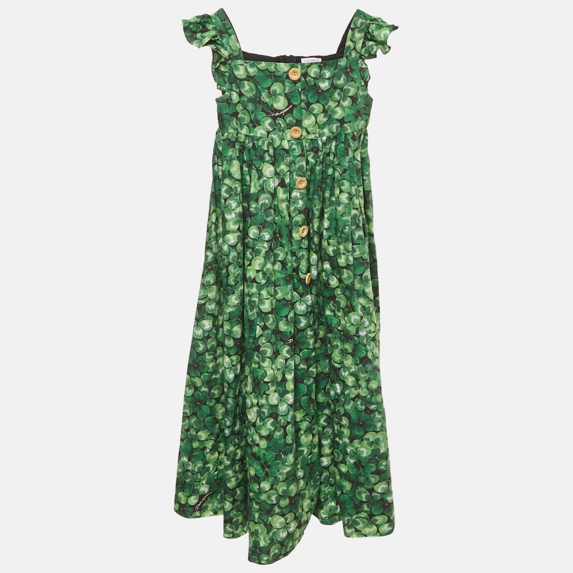 Dolce & Gabbana Kids Green Printed Poplin Ruffled Sleeve Dress 11/12 Yrs