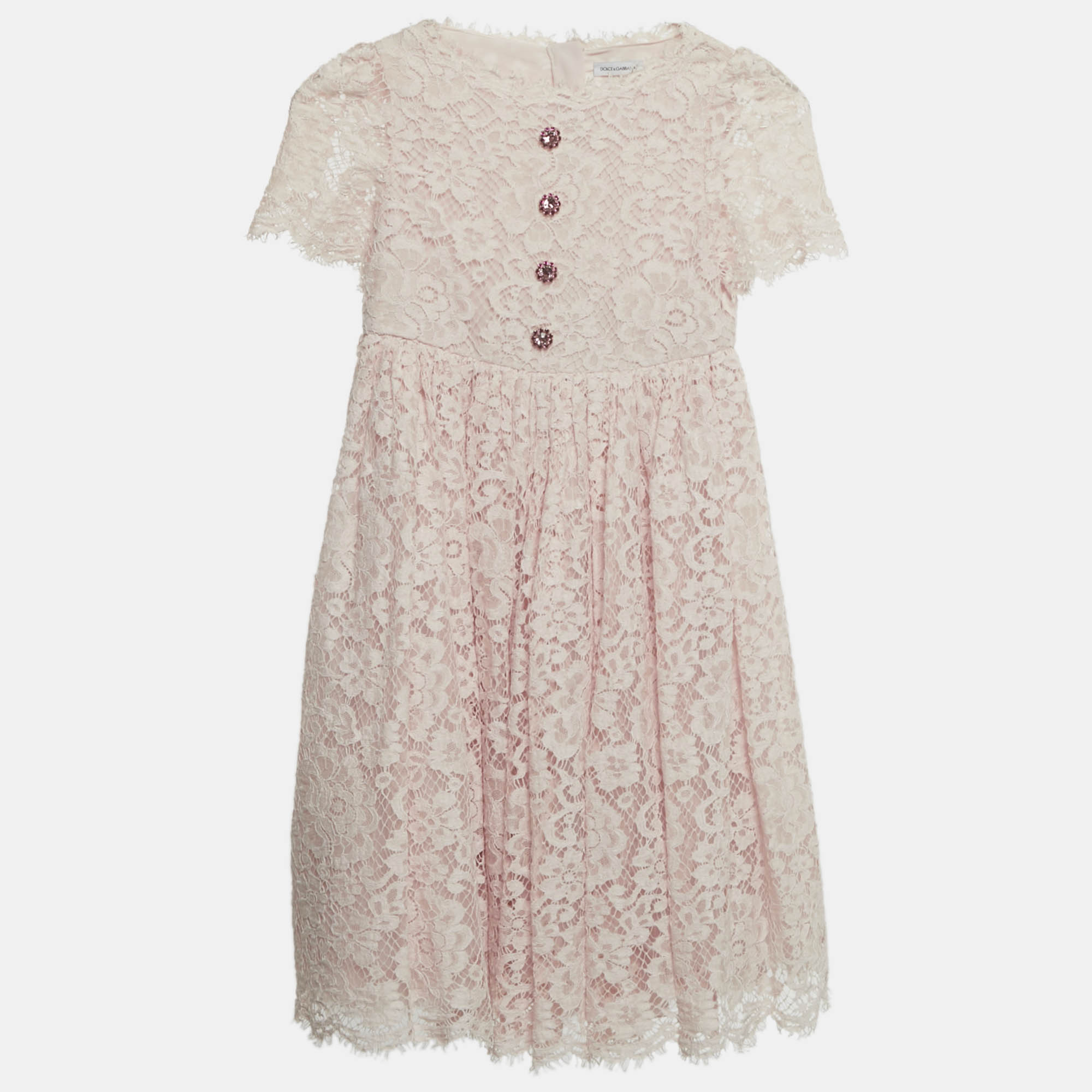 Pre-owned Dolce & Gabbana Kids Pink Lace Bejeweled Buttons Dress 6 Yrs