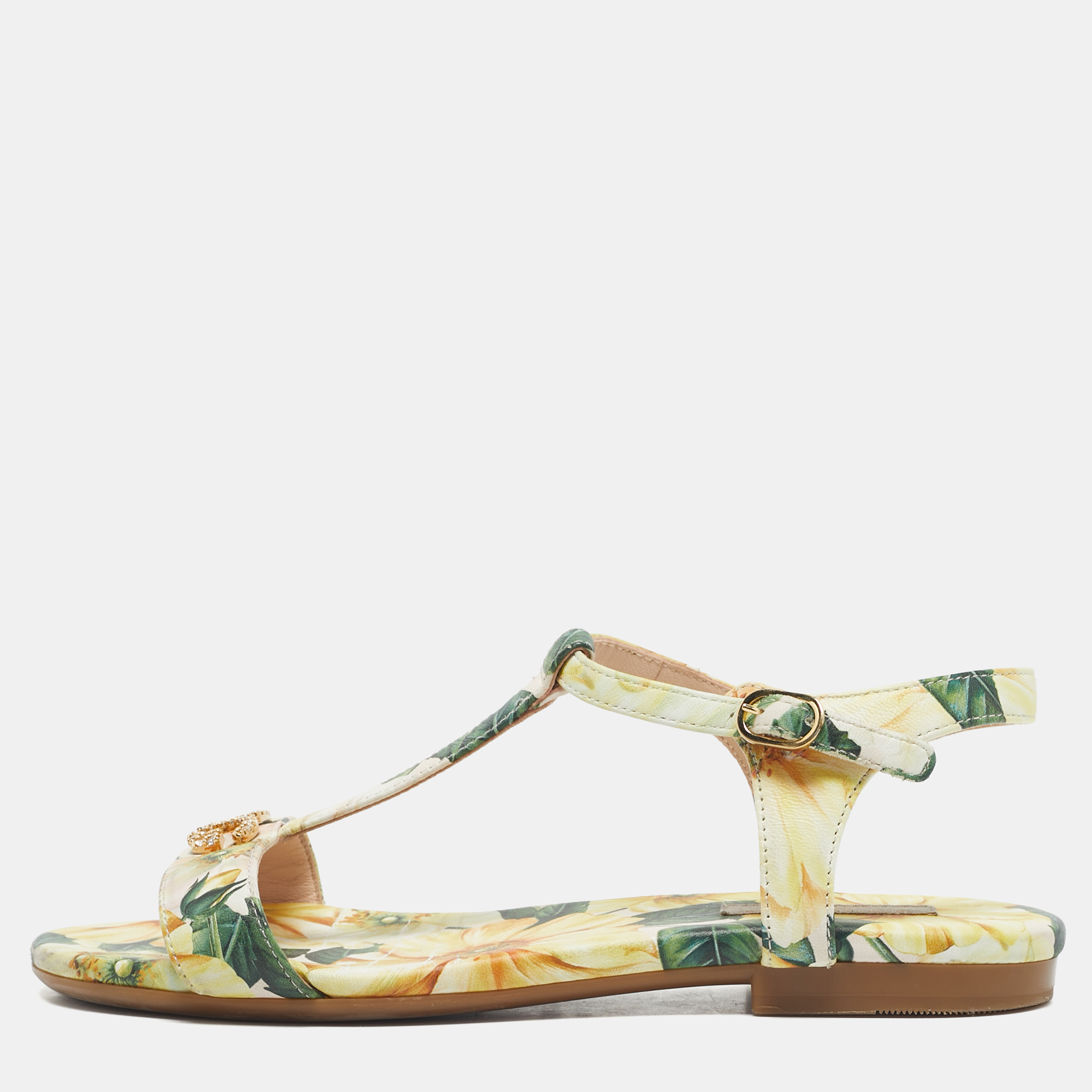 Dolce & Gabbana Multicolor Lemon Print Fabric T strap Flat Sandals Size 34