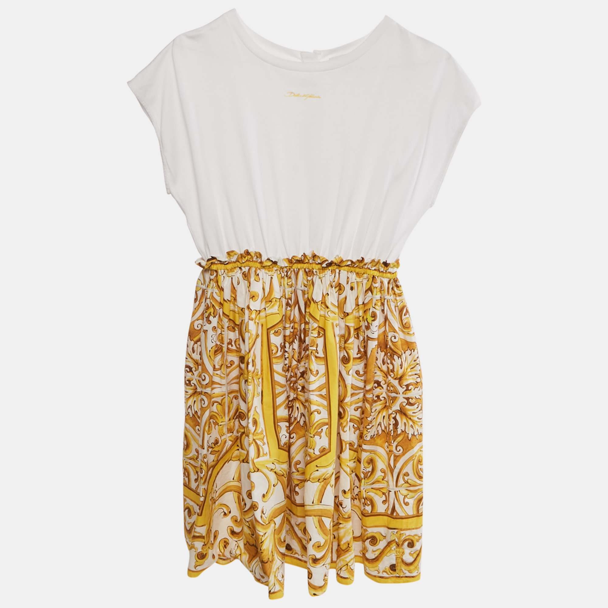 

Dolce & Gabbana Kids Yellow Majolica Print Poplin and Jersey Dress 11/12 Yrs