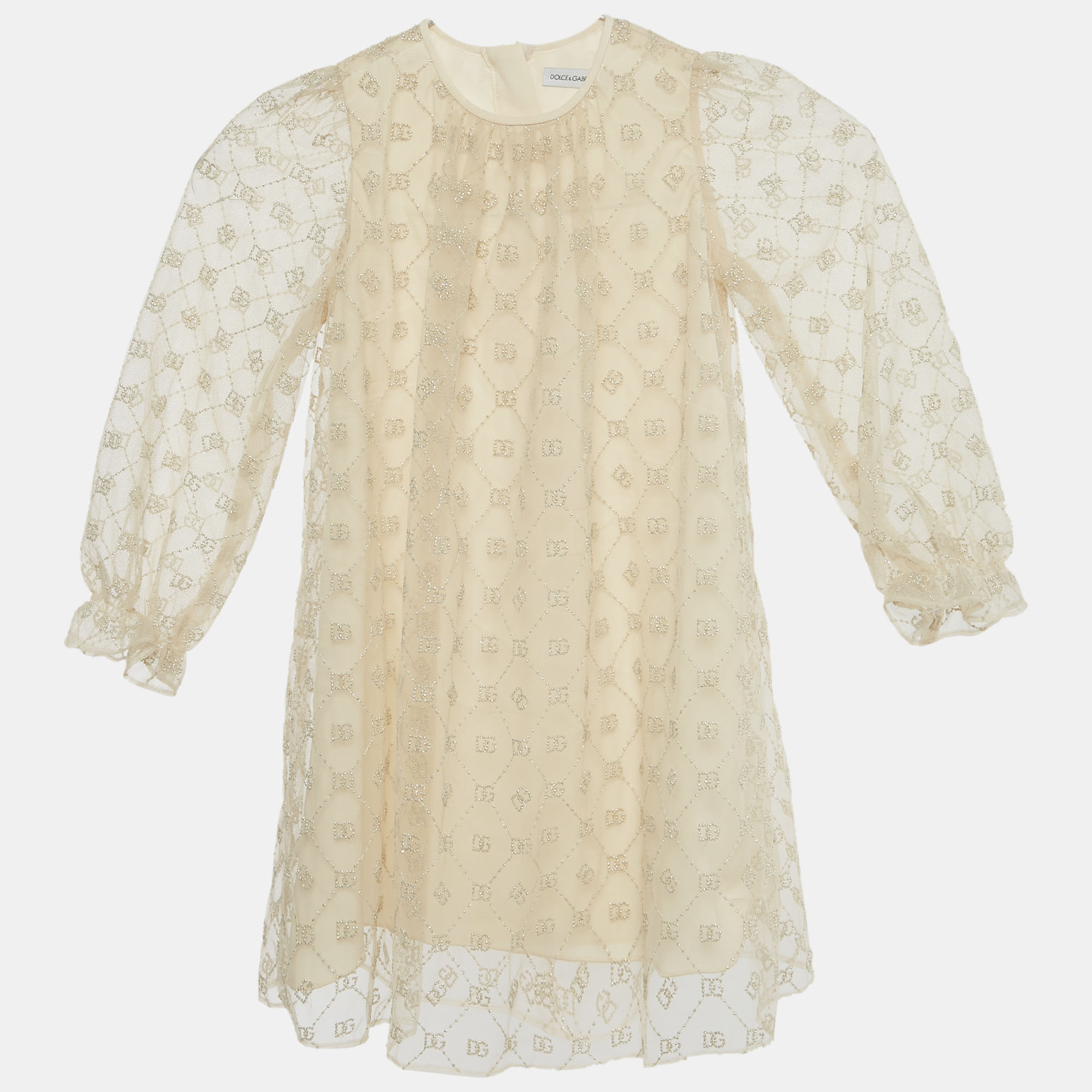 Pre-owned Dolce & Gabbana Kids Beige Dg Embroidered Tulle Dress 24-30m In Sand