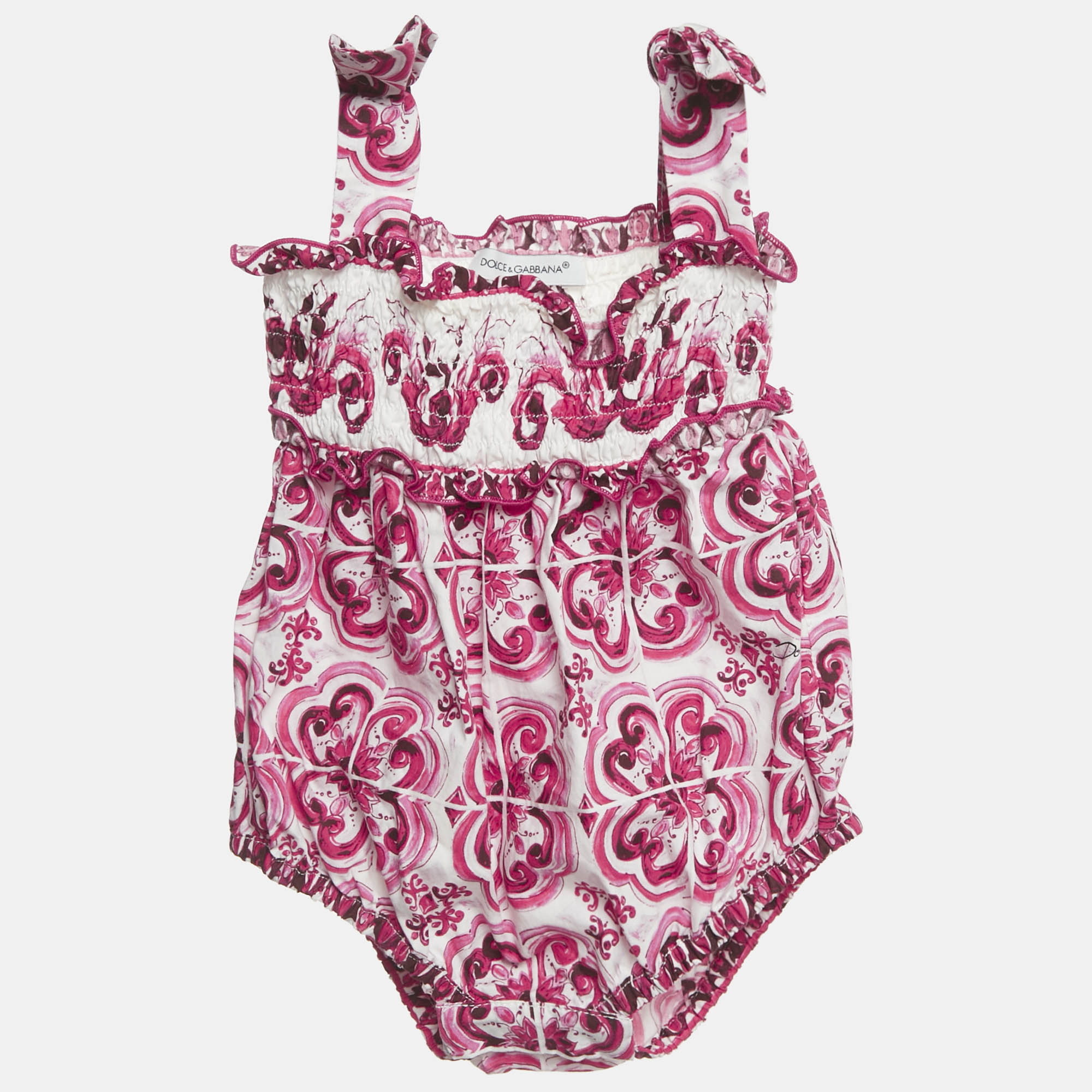 Pre-owned Dolce & Gabbana Kids Pink Majolica Print Cotton Romper 0-3m