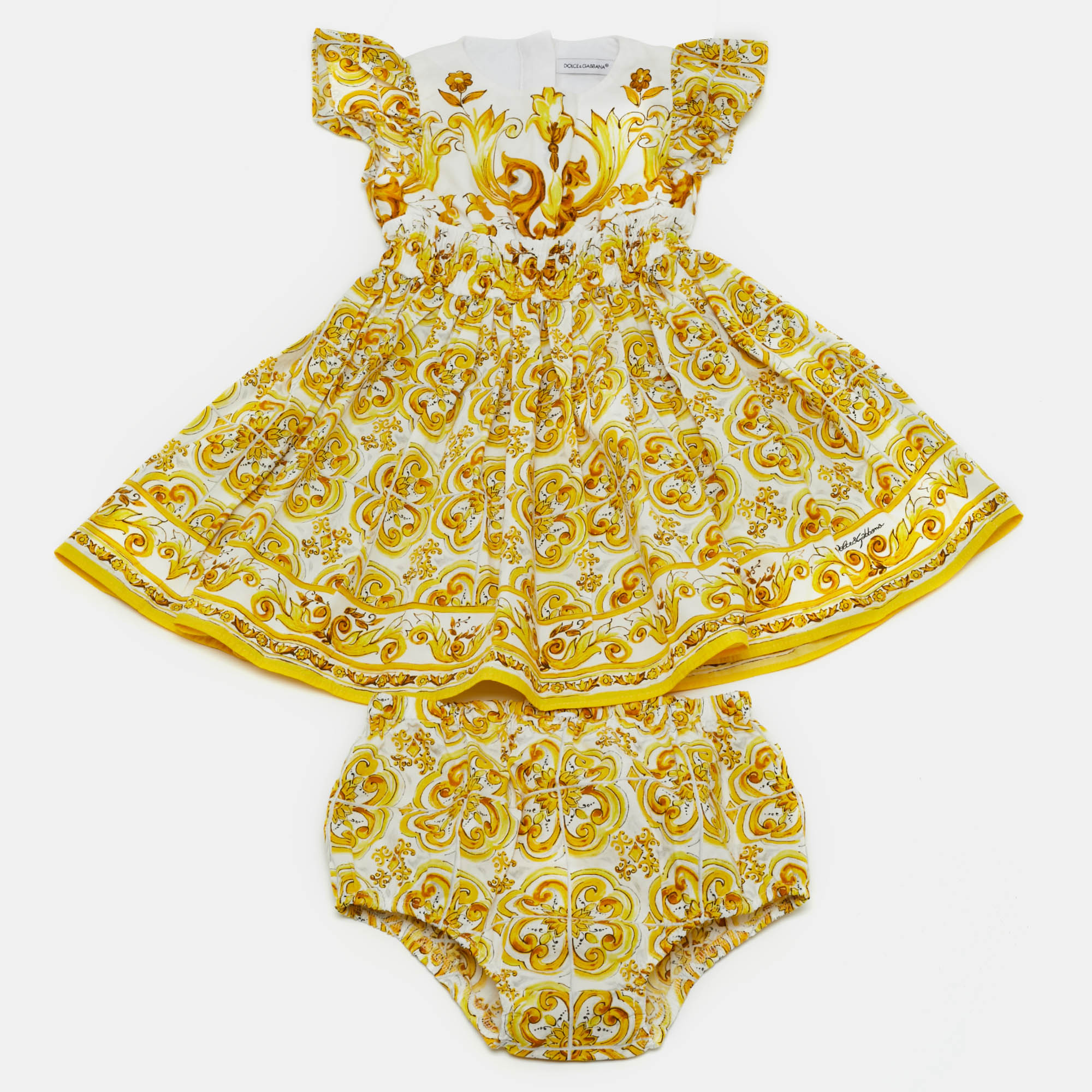Pre-owned Dolce & Gabbana Kids Yellow Majolica Print Cotton Dress & Shorts Set 12/18 Months