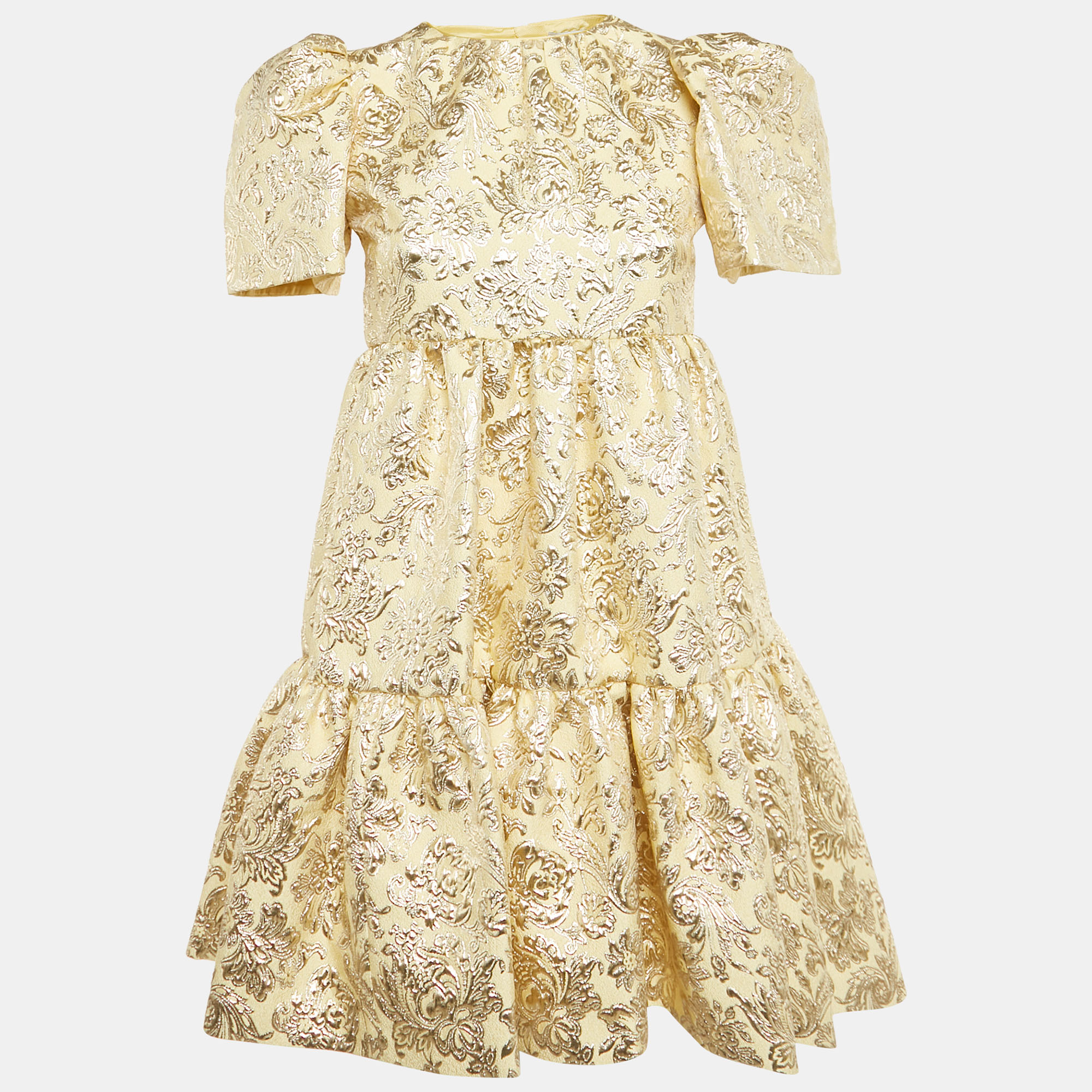Pre-owned Dolce & Gabbana Kids Cream/gold Brocade Gathered Dress 11/12yrs In White