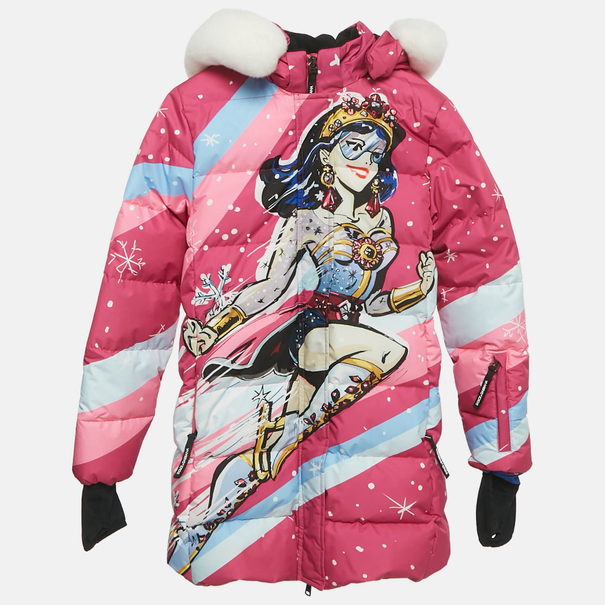 

Dolce & Gabbana Pink Printed Synthetic Fur Trim Down Jacket Size11/12Yrs