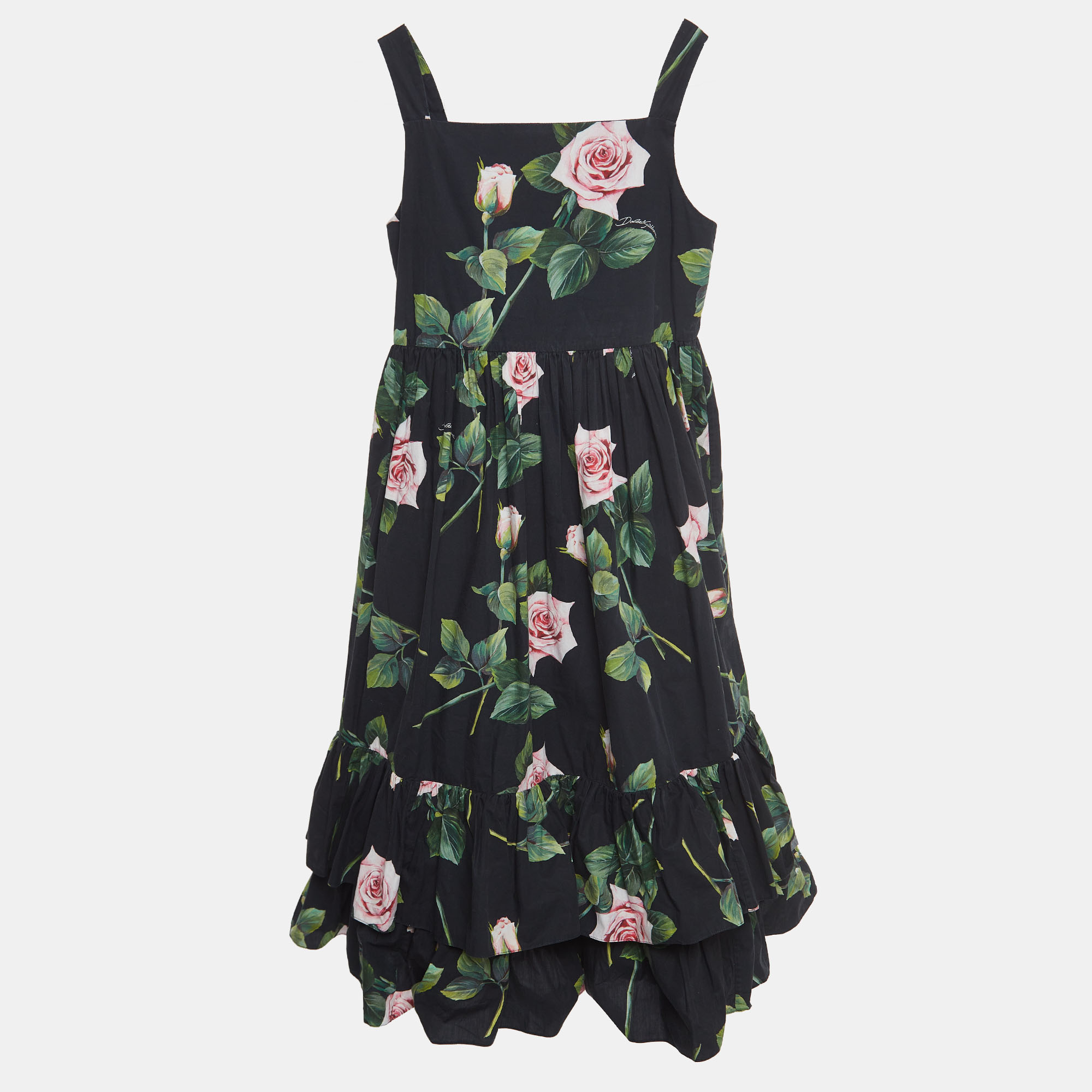 

Dolce & Gabbana Black Rose Print Cotton Poplin Dress