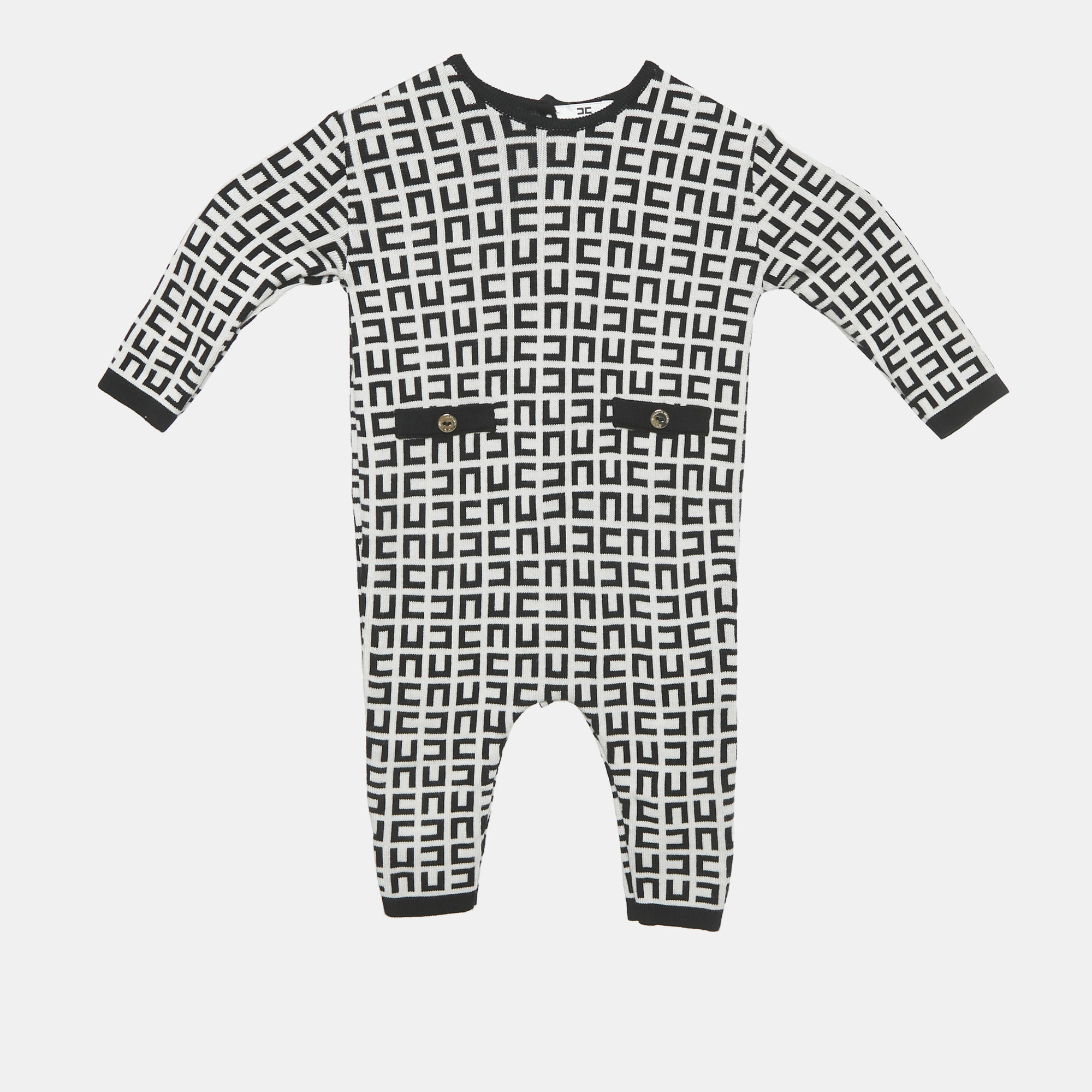 Pre-owned Elisabetta Franchi Black/white Monogram Knit Sleepsuit 6m