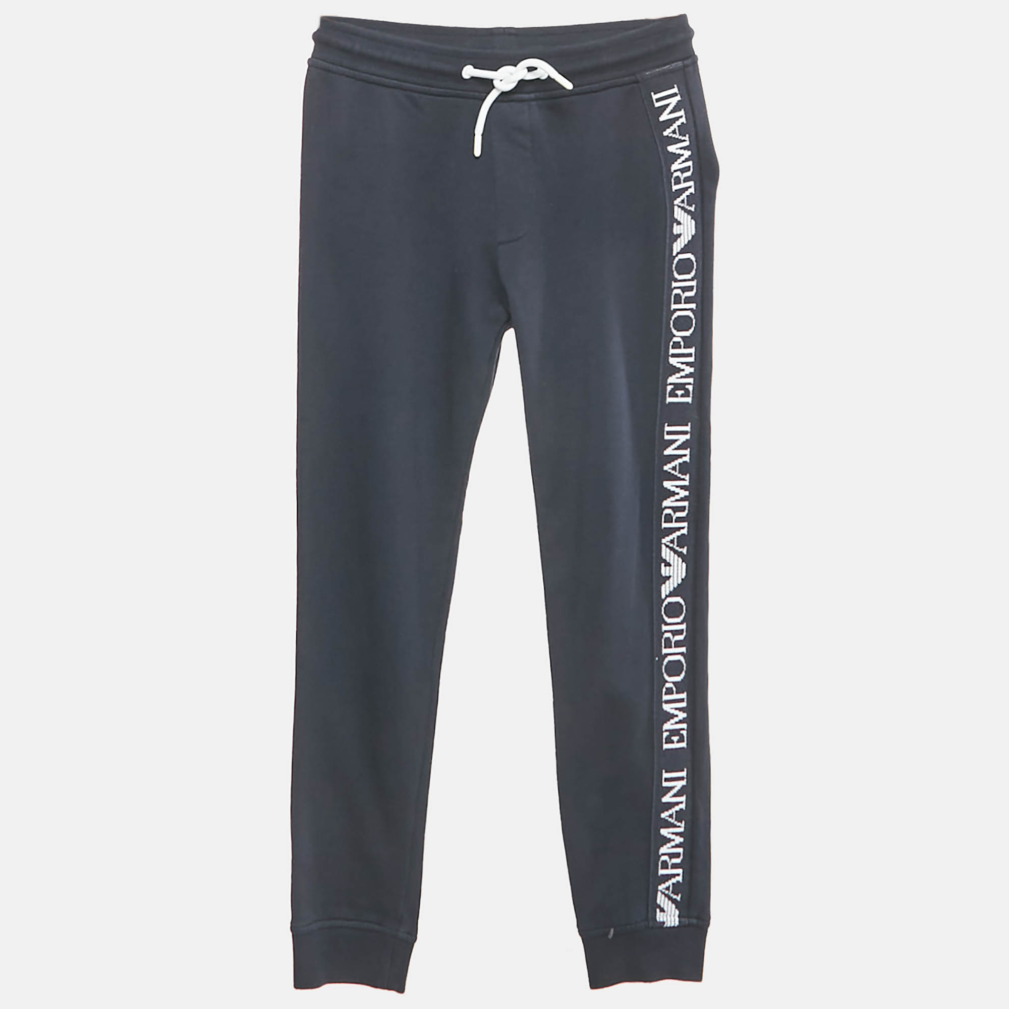 Pre-owned Emporio Armani Kids Navy Blue Cotton Knit Drawstring Jogger Pants 10 Yrs
