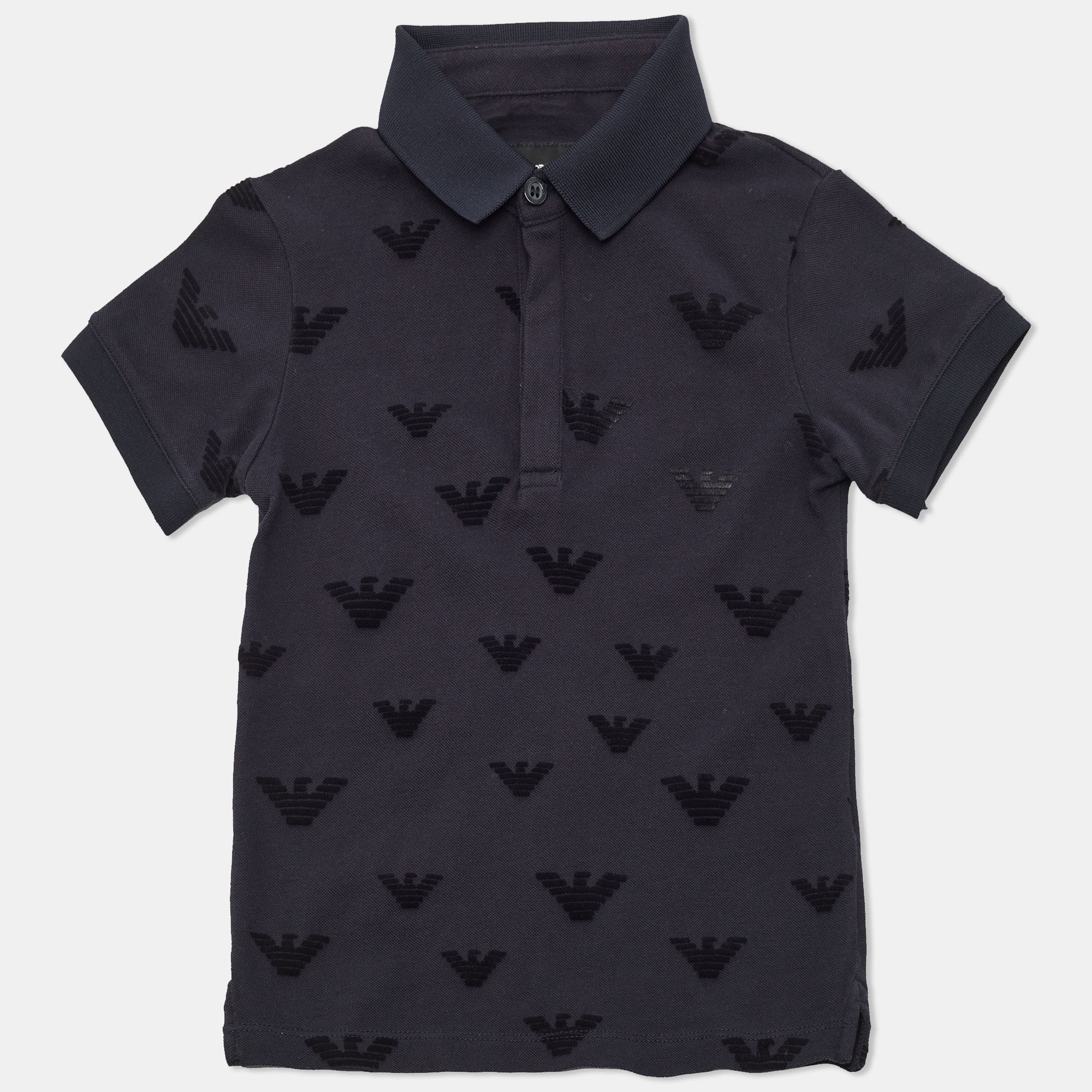 

Emporio Armani Kids Navy Blue Logo Flocked Cotton Polo T-Shirt