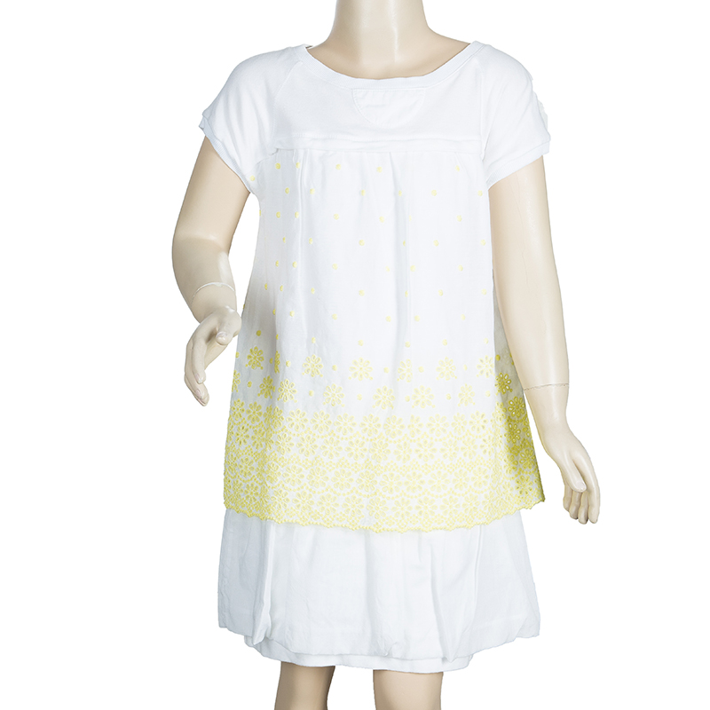 

Ermanno Scervino Junior White Yellow Eyelet Embroidered Dress 4 Yrs