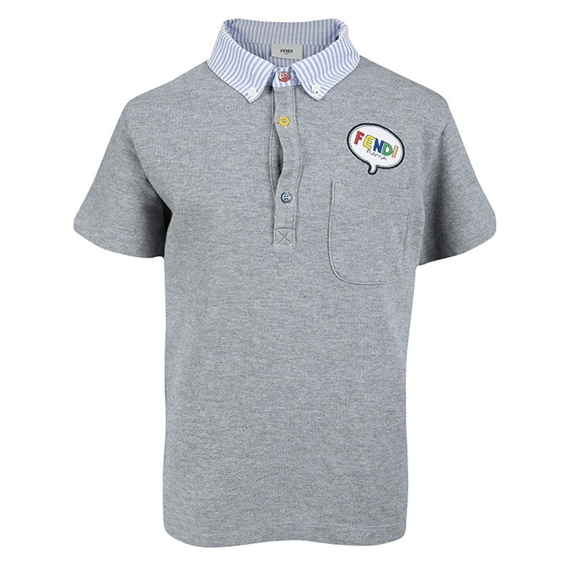 Pre Owned Fendi Kids Grey Logo Applique Striped Collar Detail Polo T-Shirt 12 Yrs