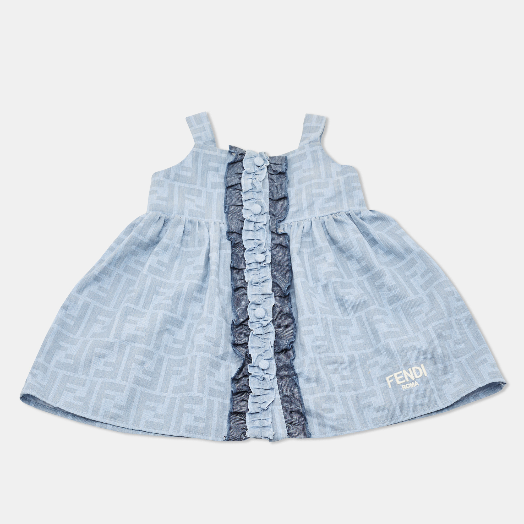 

Fendi Kids Blue Logo Print Chambray Ruffled Detail Dress