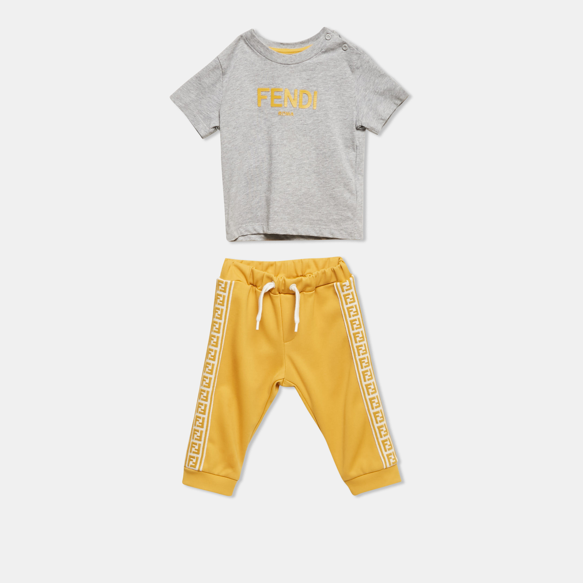 Fendi Kids Yellow/Grey Cotton Knit T-Shirt and Trackpants Set 6M