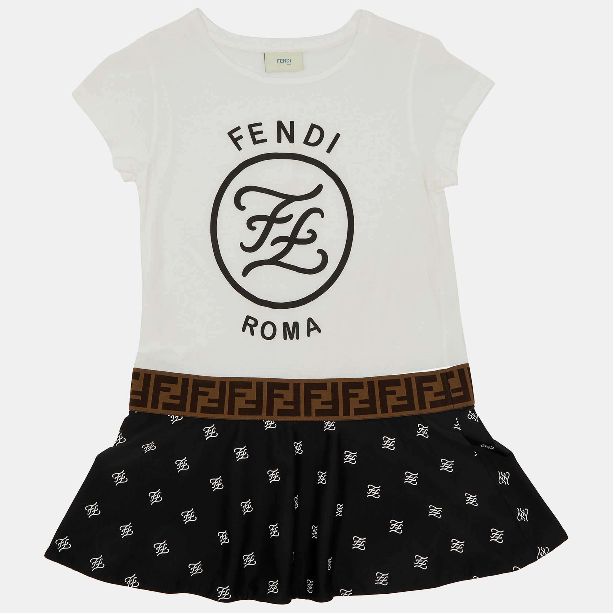Pre-owned Fendi White Ff Logo Cotton Flounced Dress Size 6 Yrs