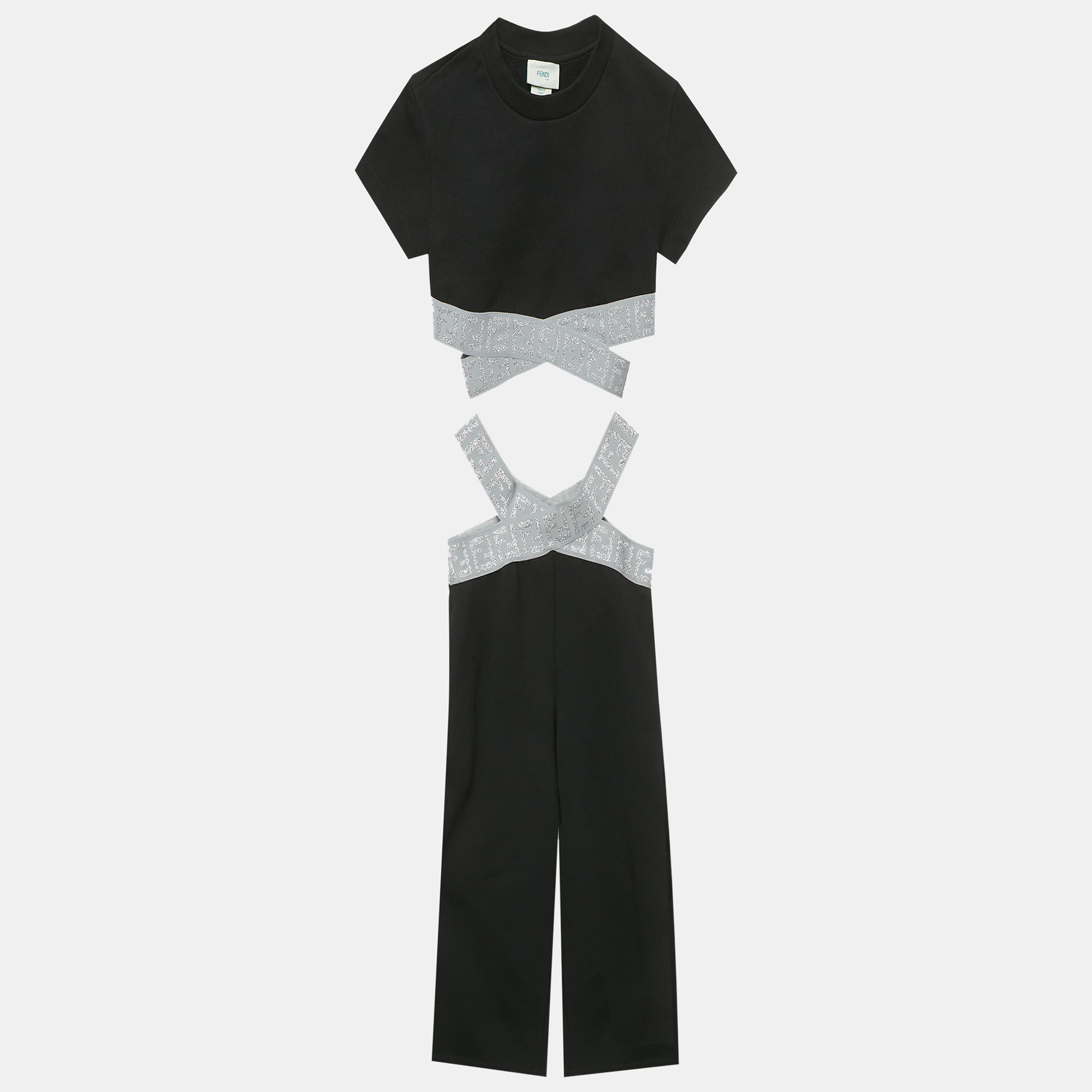 Pre-owned Fendi Kids Black Metallic Zucca Trim Cotton Top And Pants Set 8 Yrs
