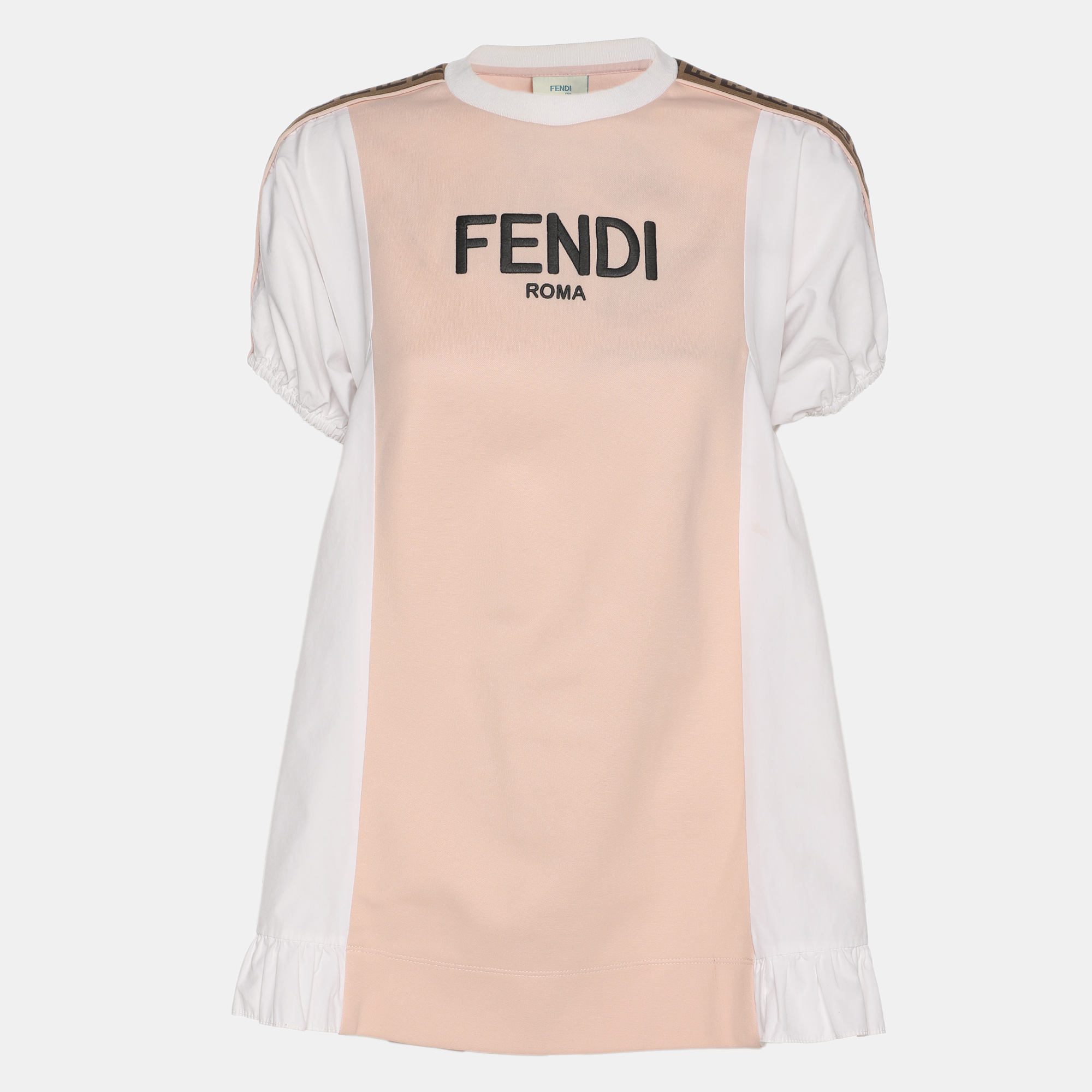 Click to view more detailed imagery on our partner's website Pre-owned Fendi Kids Pink/white Jersey Logo Embroidered Dress 7 Yrs