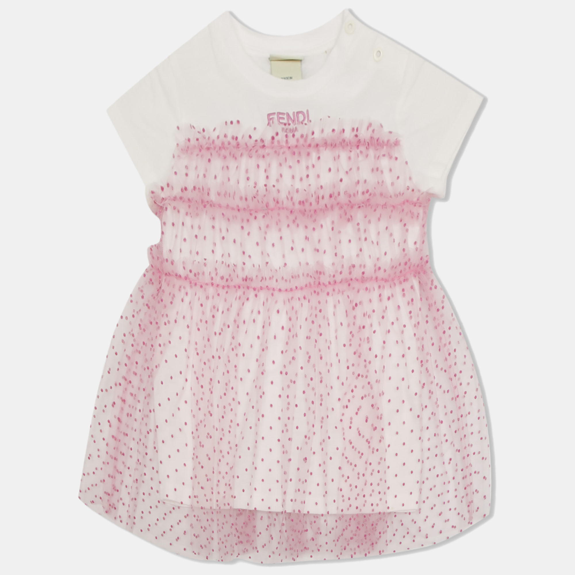 Click to view more detailed imagery on our partner's website Pre-owned Fendi Pink Dotted Tulle & White Cotton Knit Dress 12 Months