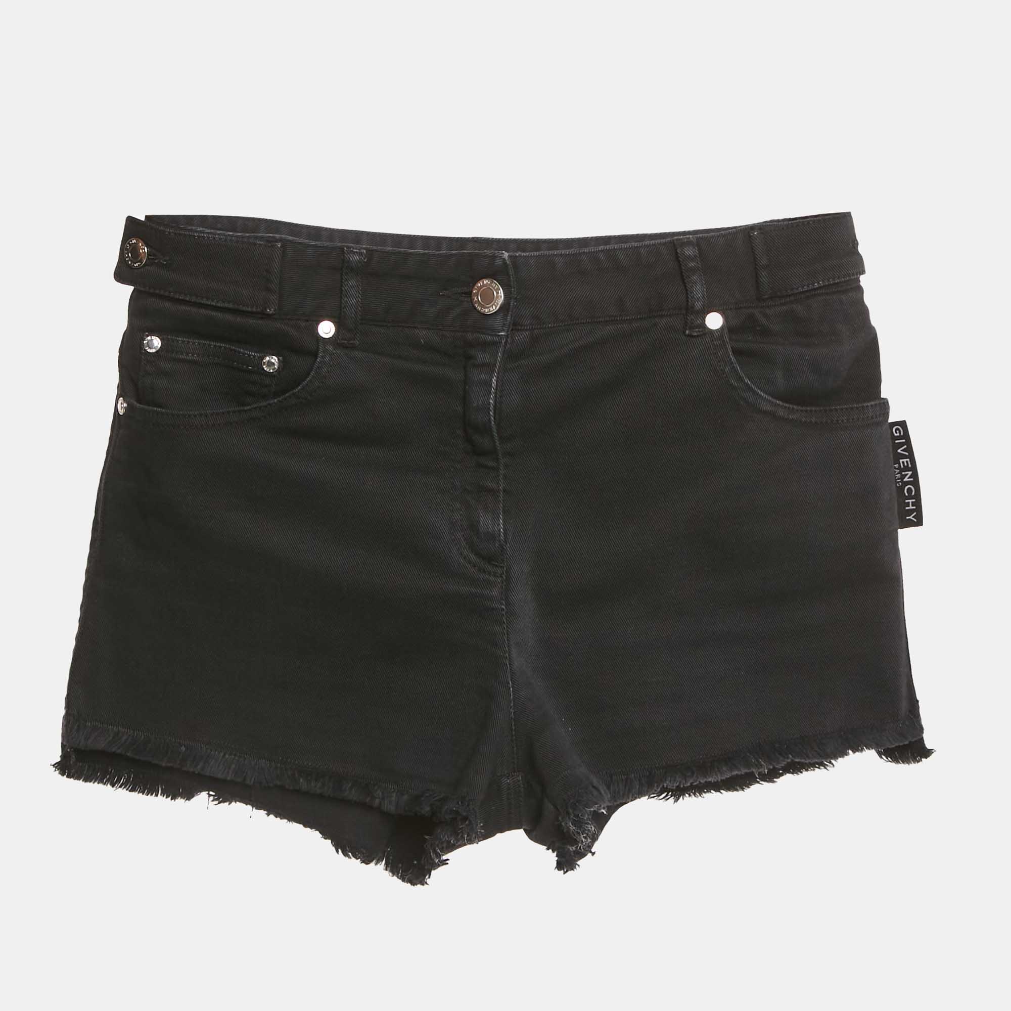 Pre-owned Givenchy Kids Black Logo Print Denim Frayed Edge Shorts 12yrs