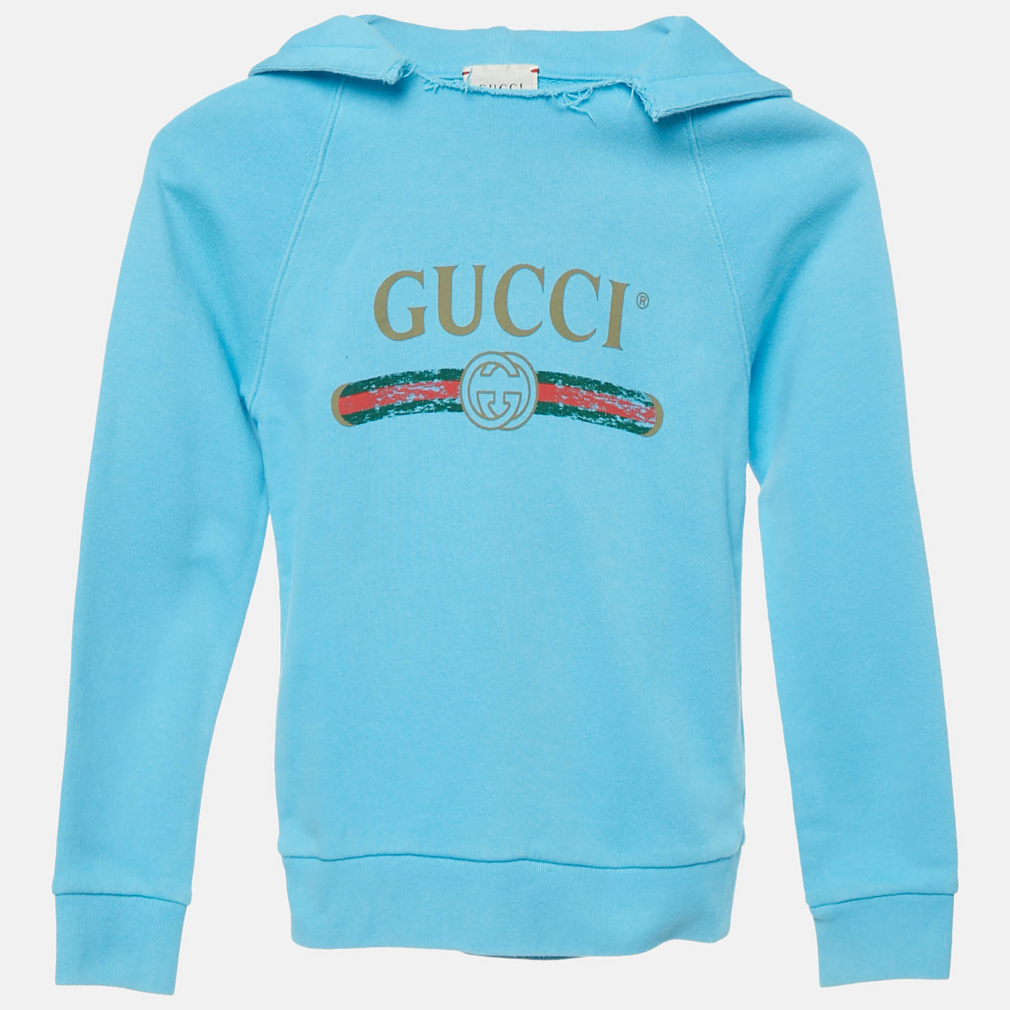 GUCCI Pre-owned Kids Blue Logo Print Cotton Distressed Hoodie 6 Yrs