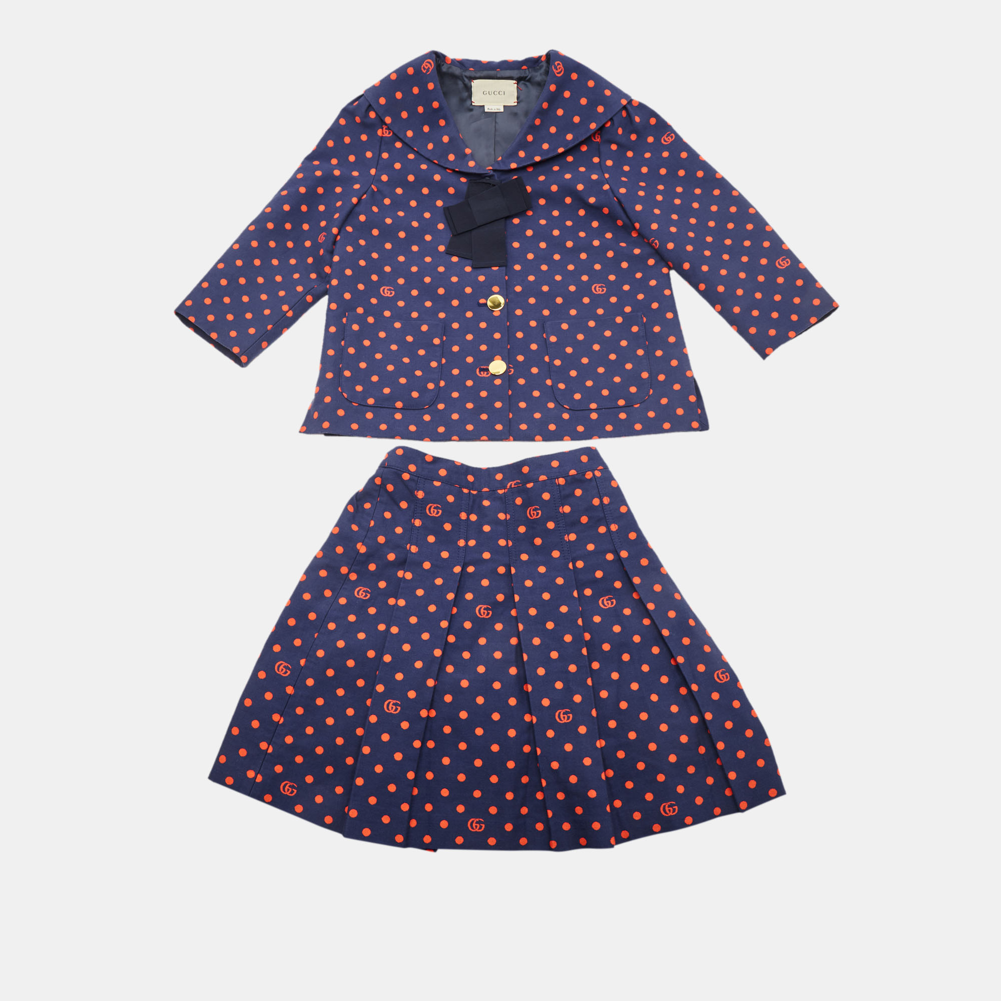 Pre-owned Gucci Kids Navy Blue Gg Polka Dot Blazer & Skirt Set 8 Yrs