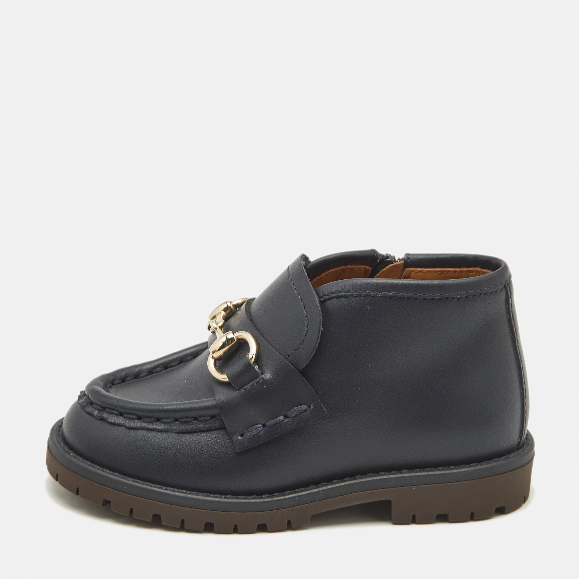 Gucci Navy Blue Leather Horsebit Ankle Boots Size 20