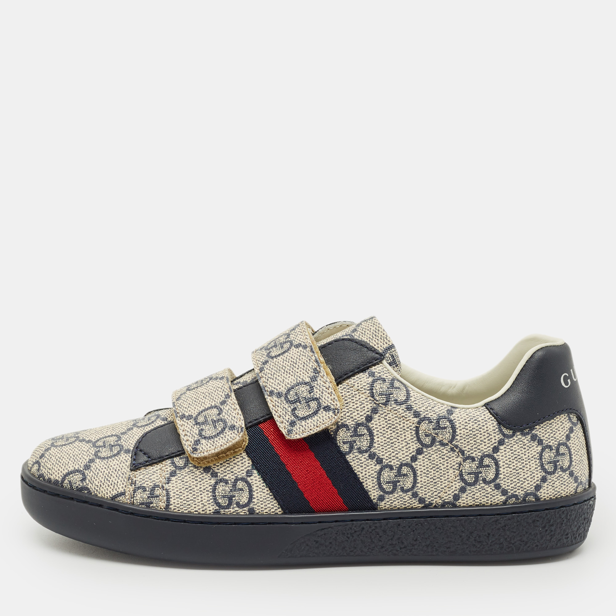 Gucci Grey/Navy Blue GG Supreme Canvas and Leather Web Ace Sneakers Size 32
