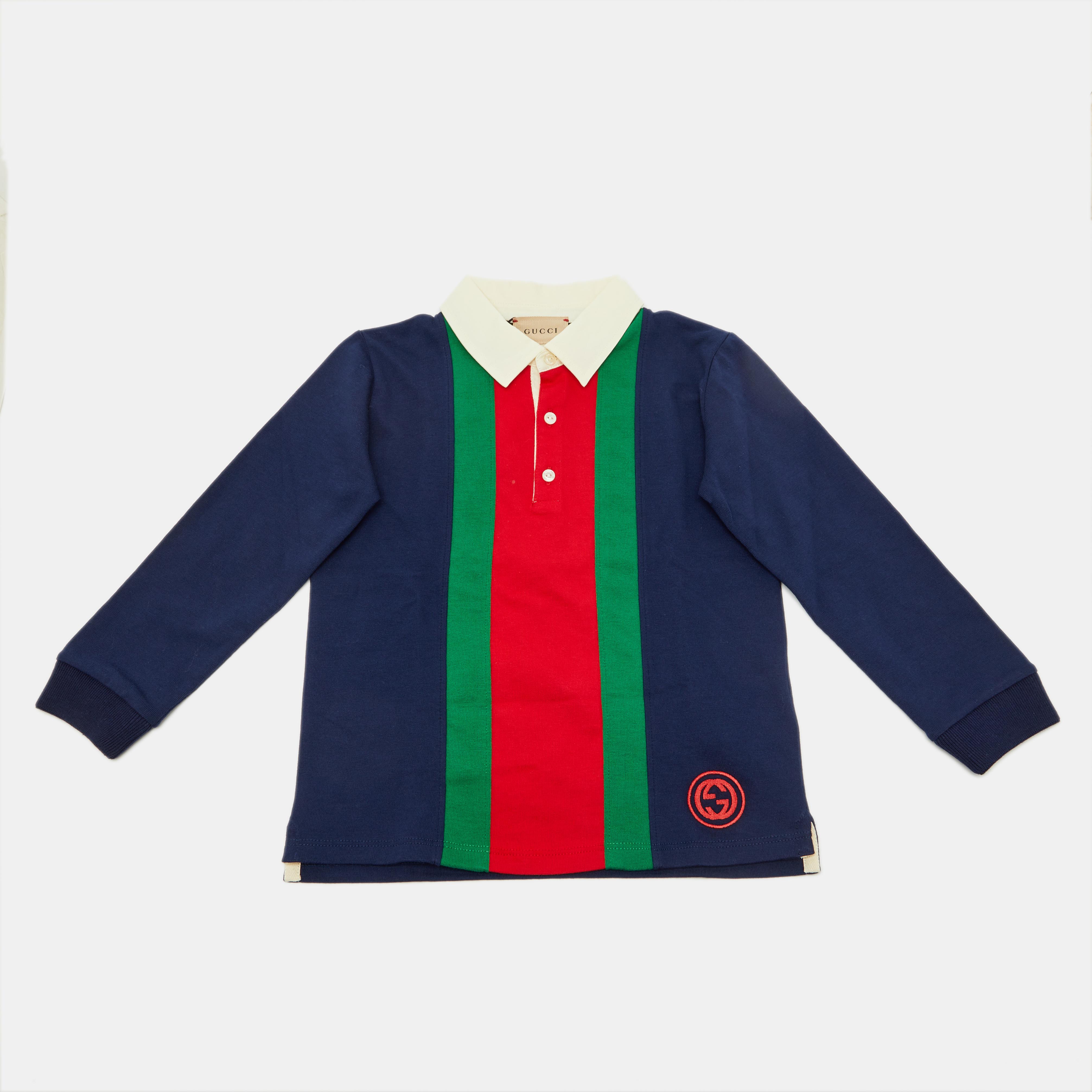 

Gucci Kids Navy Blue Web Striped Cotton T-Shirt Size 24 M/2 Yrs