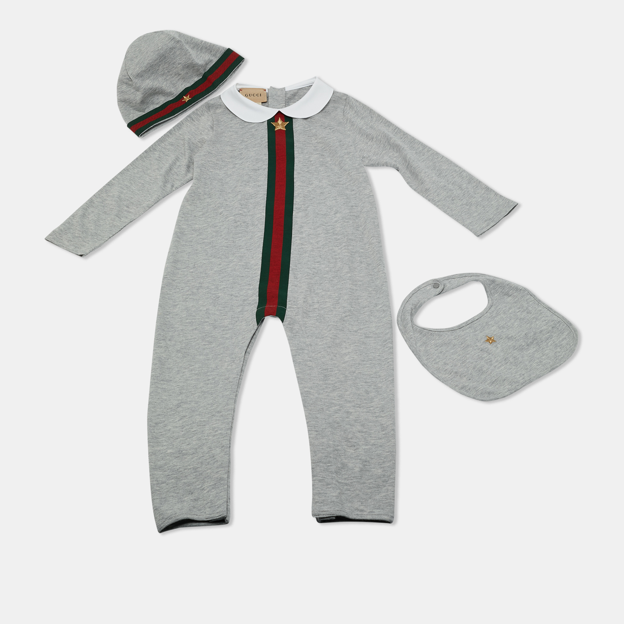 

Gucci Kids Grey Web Trim Cotton Onesie Set 18-24M